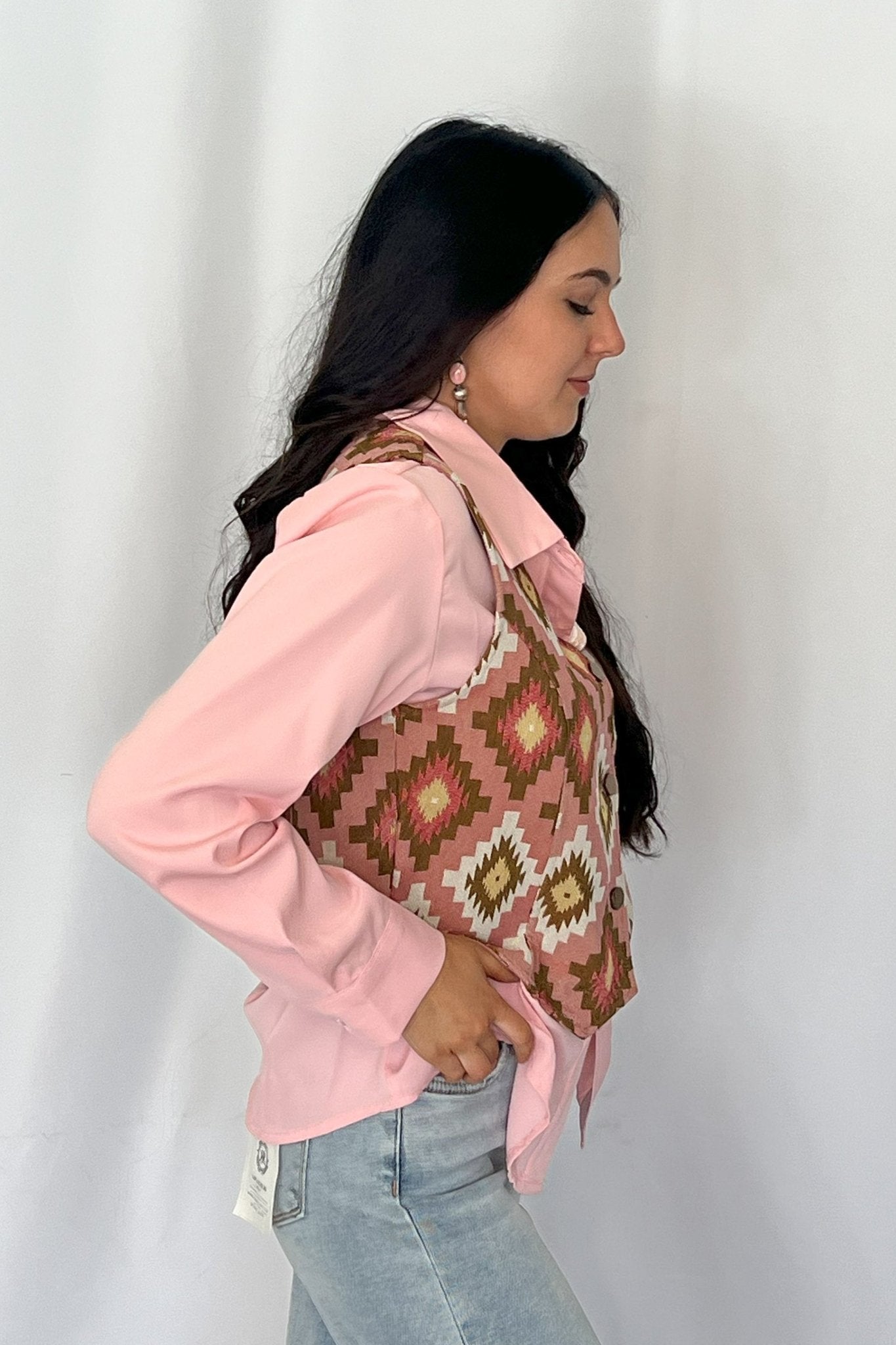 Turquoise Haven Pink Southwest Tapestry Snap Western Vest — Woven Geometric Print with Antique Brass Snap Closure - Rooted & Reckless Co.
