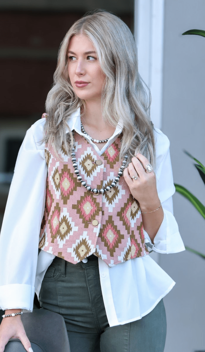 Turquoise Haven Pink Southwest Tapestry Snap Western Vest — Woven Geometric Print with Antique Brass Snap Closure - Rooted & Reckless Co.