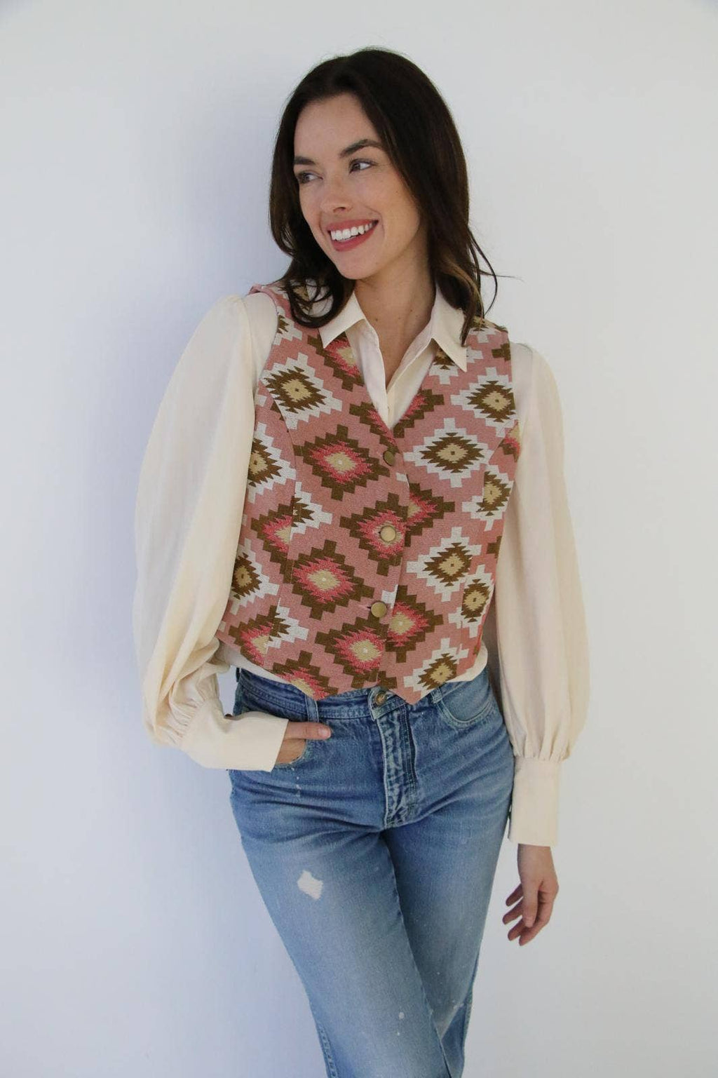 Turquoise Haven Pink Southwest Tapestry Snap Western Vest — Woven Geometric Print with Antique Brass Snap Closure - Rooted & Reckless Co.