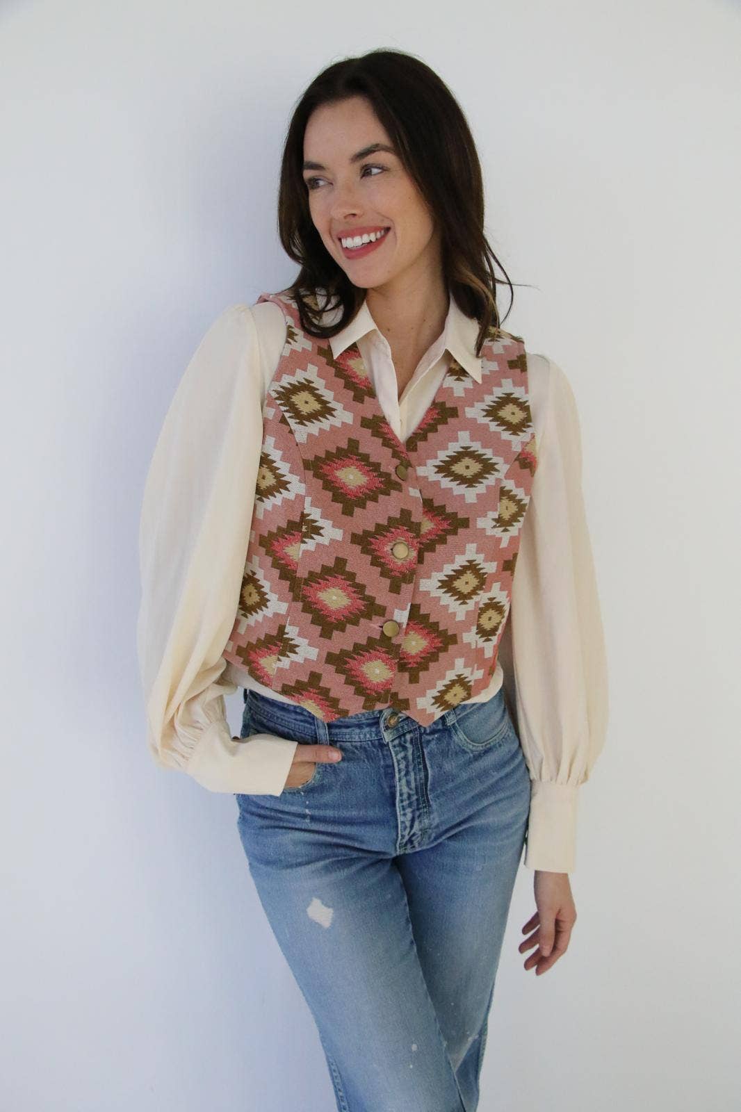 Turquoise Haven Pink Southwest Tapestry Snap Western Vest — Woven Geometric Print with Antique Brass Snap Closure - Rooted & Reckless Co.