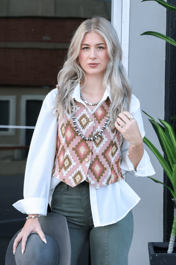 Turquoise Haven Pink Southwest Tapestry Snap Western Vest — Woven Geometric Print with Antique Brass Snap Closure - Rooted & Reckless Co.