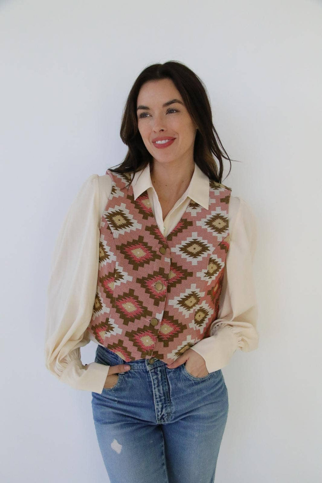 Turquoise Haven Pink Southwest Tapestry Snap Western Vest — Woven Geometric Print with Antique Brass Snap Closure - Rooted & Reckless Co.