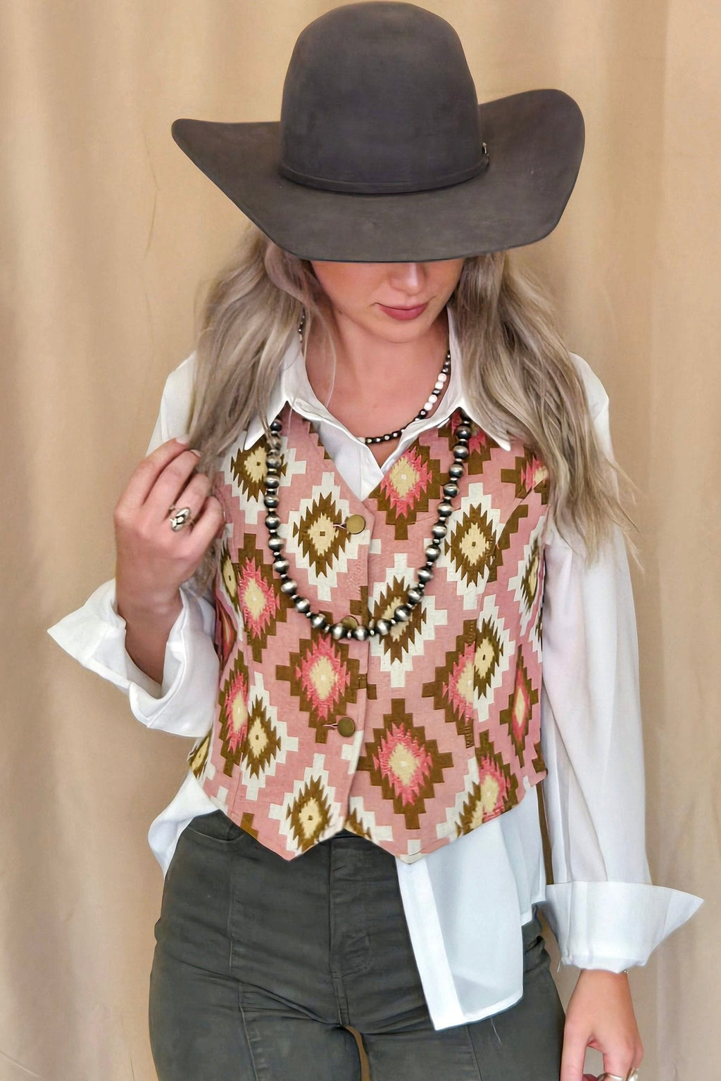 Turquoise Haven Pink Southwest Tapestry Snap Western Vest — Woven Geometric Print with Antique Brass Snap Closure - Rooted & Reckless Co.