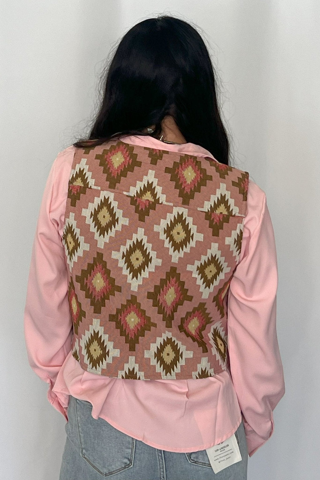 Turquoise Haven Pink Southwest Tapestry Snap Western Vest — Woven Geometric Print with Antique Brass Snap Closure - Rooted & Reckless Co.