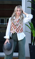 Turquoise Haven Pink Southwest Tapestry Snap Western Vest — Woven Geometric Print with Antique Brass Snap Closure - Rooted & Reckless Co.