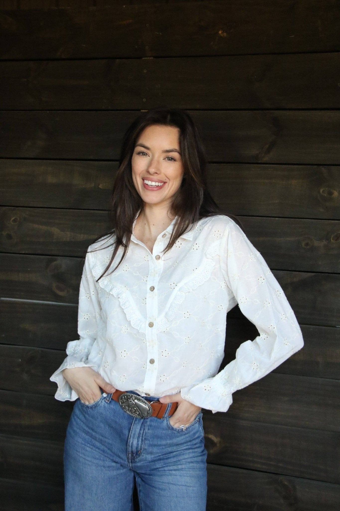 Turquoise Haven "Prairie Eyelet" Western Ruffle Blouse — Ivory Eyelet with Wooden Buttons & Flared Cuff Hem (small remains) - Rooted & Reckless Co.