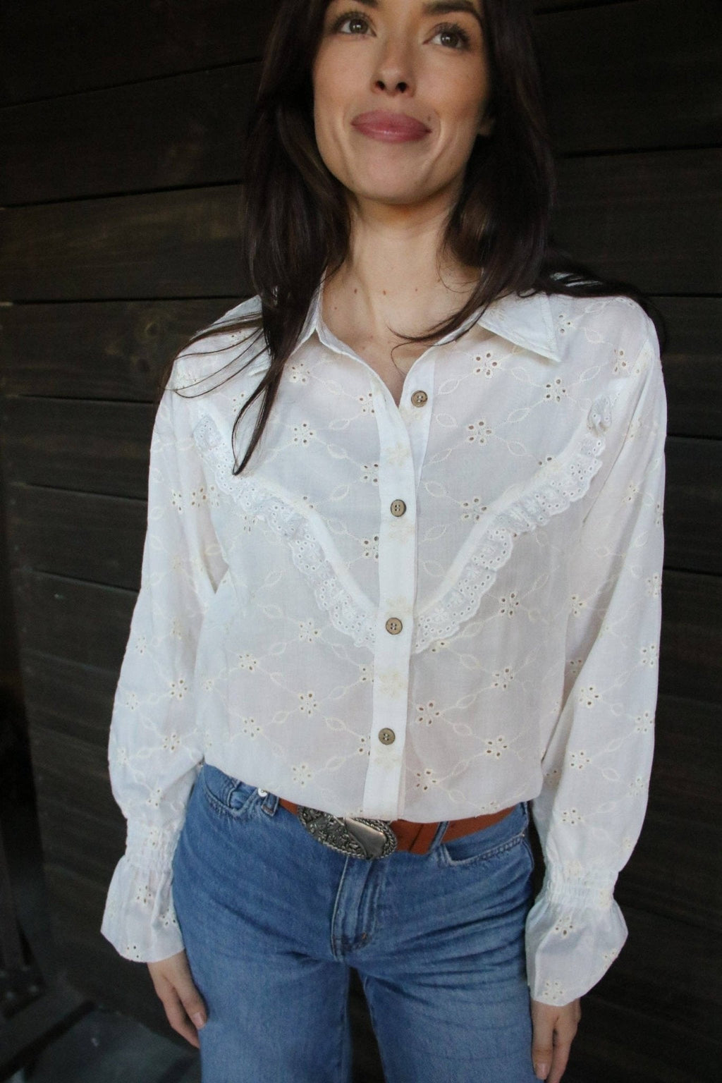 Turquoise Haven "Prairie Eyelet" Western Ruffle Blouse — Ivory Eyelet with Wooden Buttons & Flared Cuff Hem (small remains) - Rooted & Reckless Co.