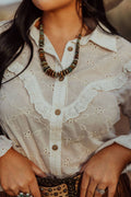 Turquoise Haven "Prairie Eyelet" Western Ruffle Blouse — Ivory Eyelet with Wooden Buttons & Flared Cuff Hem (small remains) - Rooted & Reckless Co.