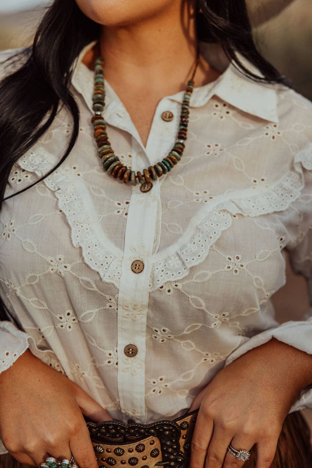 Turquoise Haven "Prairie Eyelet" Western Ruffle Blouse — Ivory Eyelet with Wooden Buttons & Flared Cuff Hem (small remains) - Rooted & Reckless Co.
