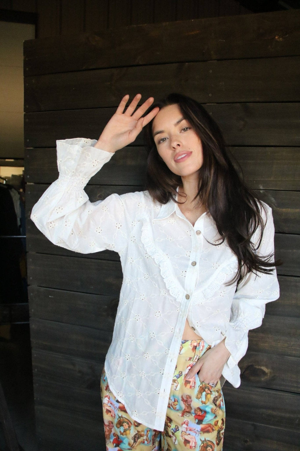 Turquoise Haven "Prairie Eyelet" Western Ruffle Blouse — Ivory Eyelet with Wooden Buttons & Flared Cuff Hem (small remains) - Rooted & Reckless Co.