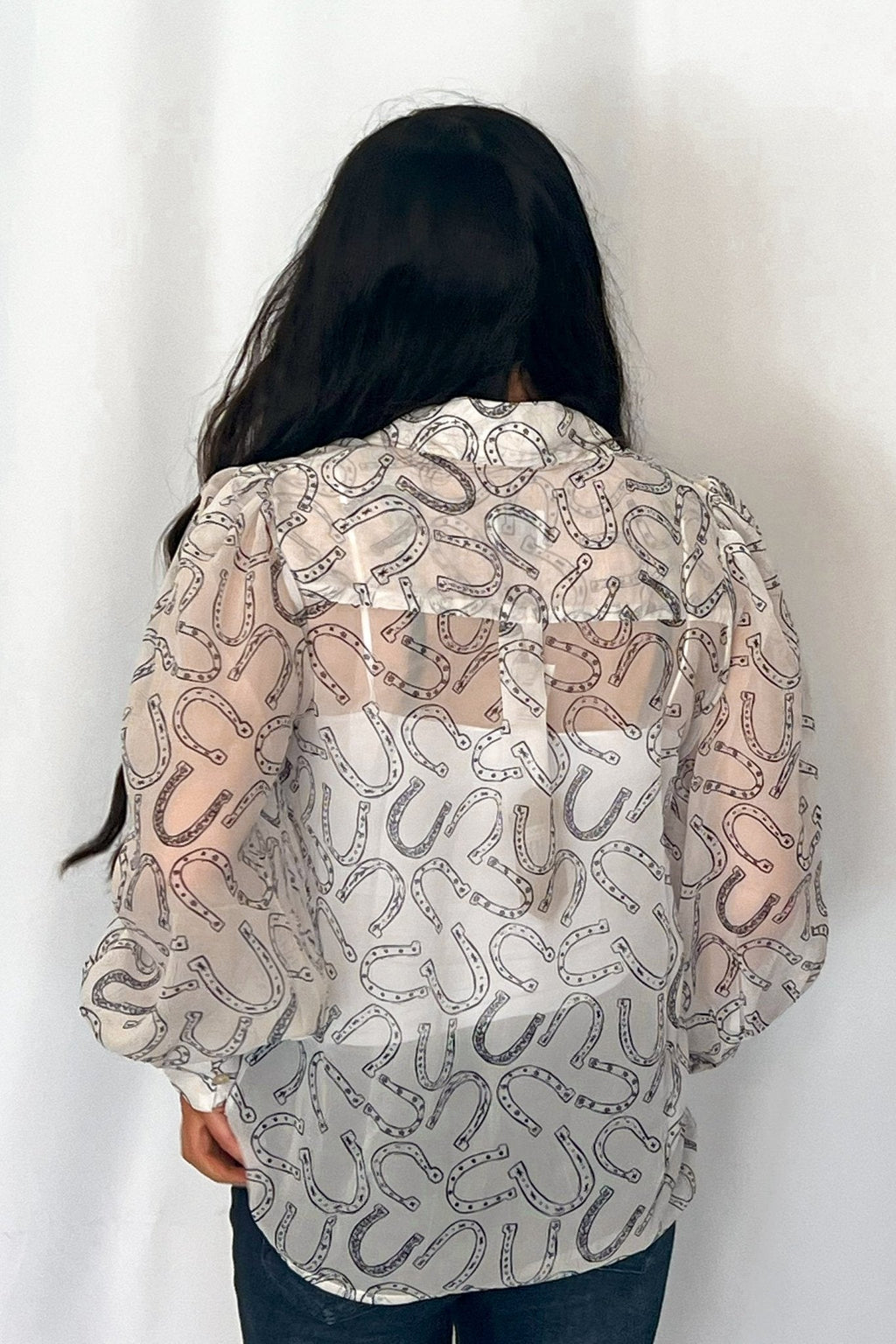 Turquoise Haven Sheer Chiffon Horseshoe Print Western Blouse — Black & White Lightweight Layering Top (Small and Large remaining) - Rooted & Reckless Co.