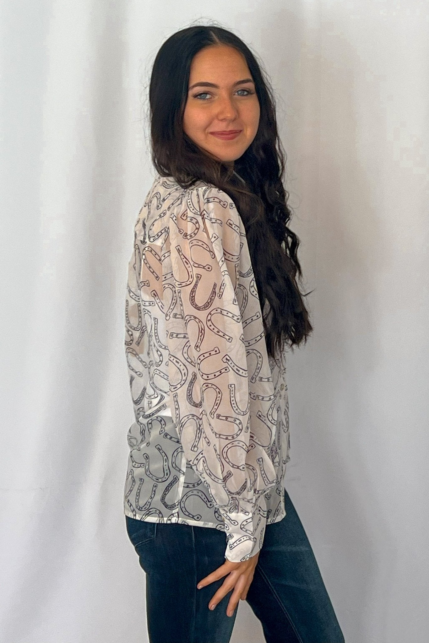 Turquoise Haven Sheer Chiffon Horseshoe Print Western Blouse — Black & White Lightweight Layering Top (Small and Large remaining) - Rooted & Reckless Co.