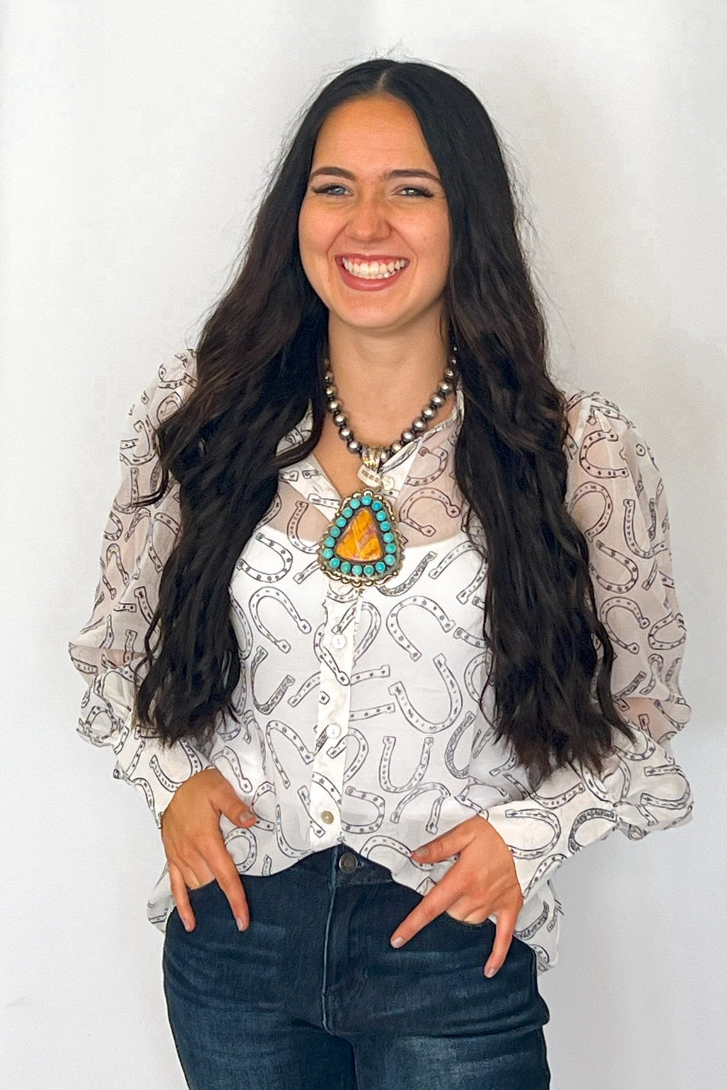 Turquoise Haven Sheer Chiffon Horseshoe Print Western Blouse — Black & White Lightweight Layering Top (Small and Large remaining) - Rooted & Reckless Co.
