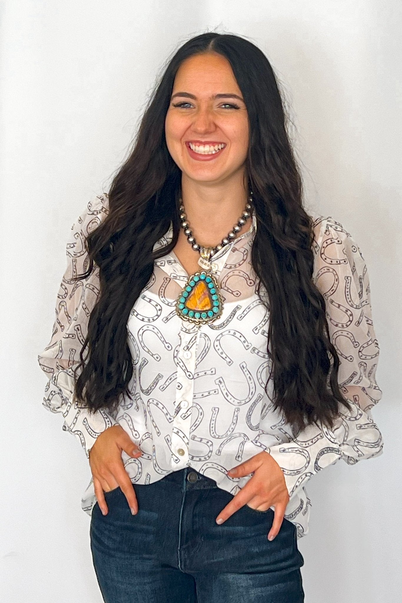 Turquoise Haven Sheer Chiffon Horseshoe Print Western Blouse — Black & White Lightweight Layering Top (Small and Large remaining) - Rooted & Reckless Co.