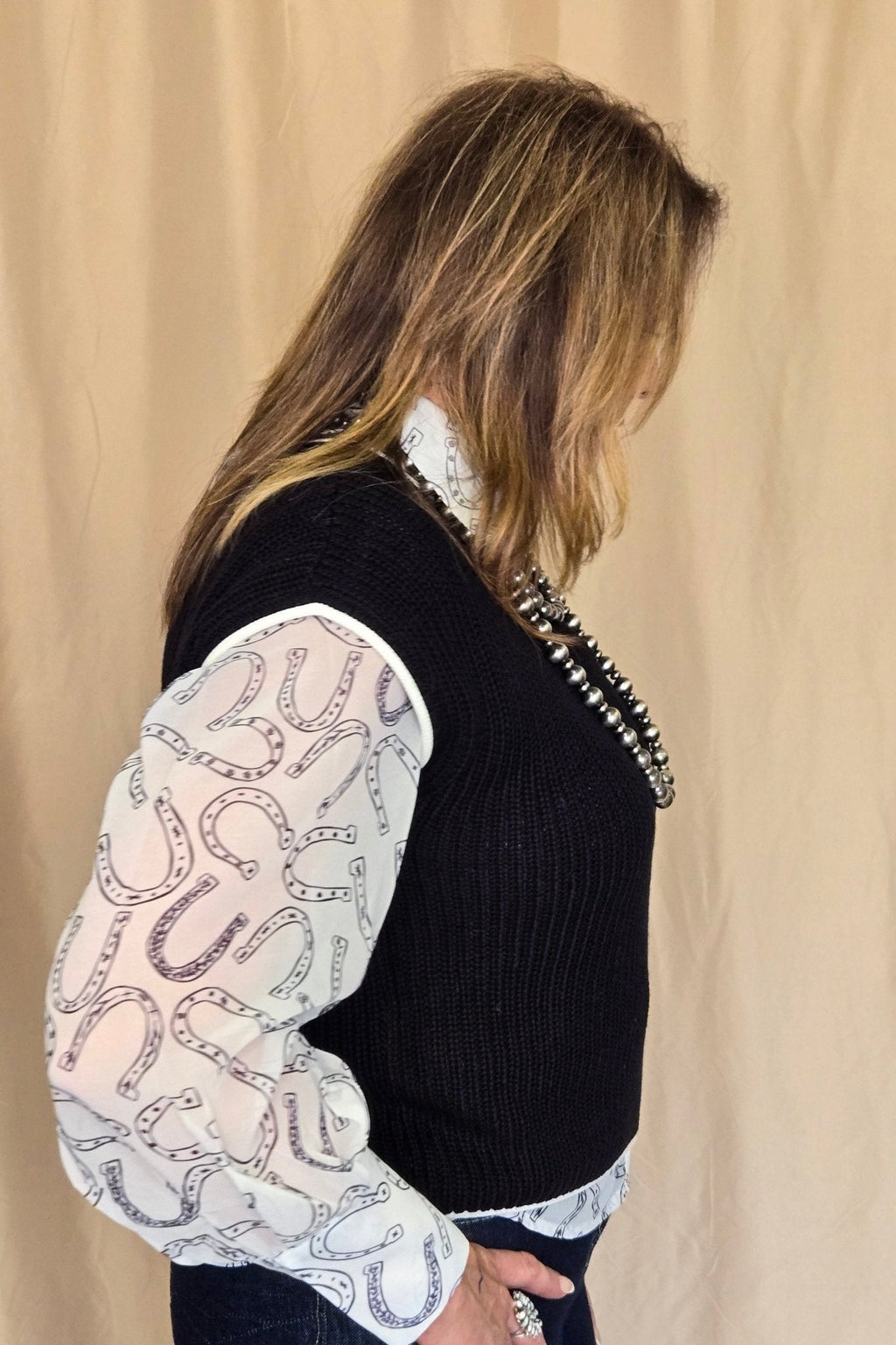 Turquoise Haven Sheer Chiffon Horseshoe Print Western Blouse — Black & White Lightweight Layering Top (Small and Large remaining) - Rooted & Reckless Co.
