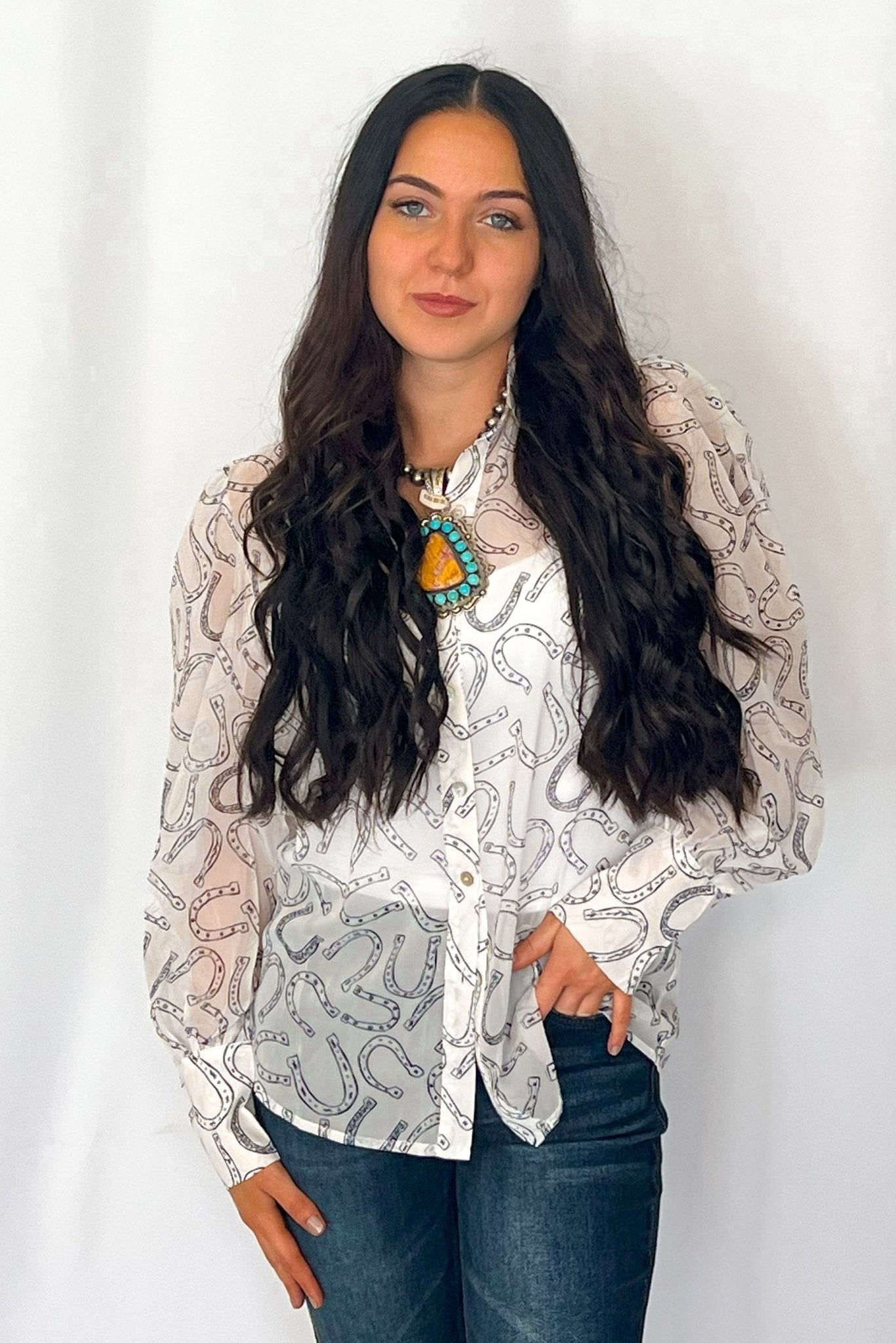 Turquoise Haven Sheer Chiffon Horseshoe Print Western Blouse — Black & White Lightweight Layering Top (Small and Large remaining) - Rooted & Reckless Co.