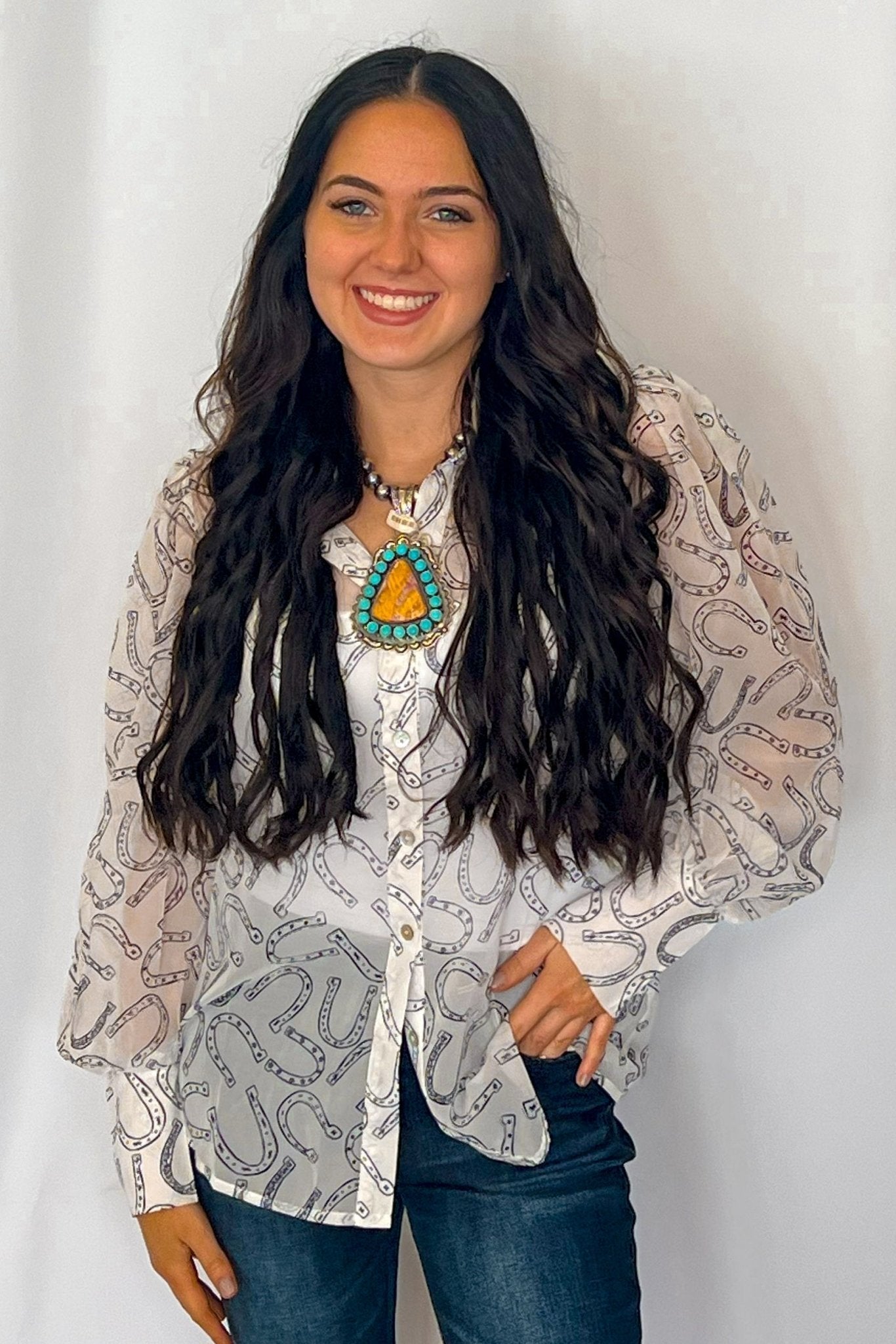 Turquoise Haven Sheer Chiffon Horseshoe Print Western Blouse — Black & White Lightweight Layering Top (Small and Large remaining) - Rooted & Reckless Co.
