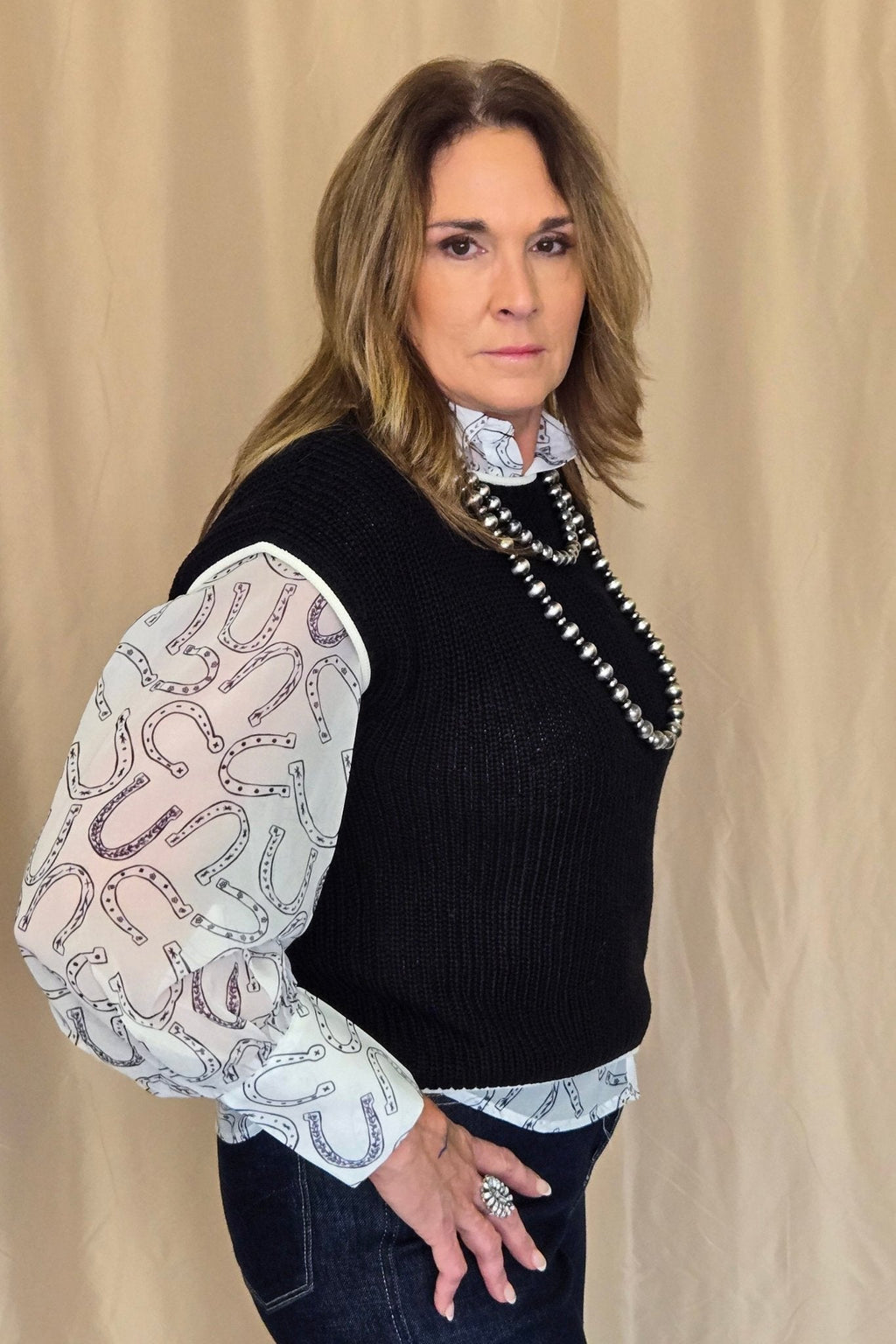 Turquoise Haven Sheer Chiffon Horseshoe Print Western Blouse — Black & White Lightweight Layering Top (Small and Large remaining) - Rooted & Reckless Co.