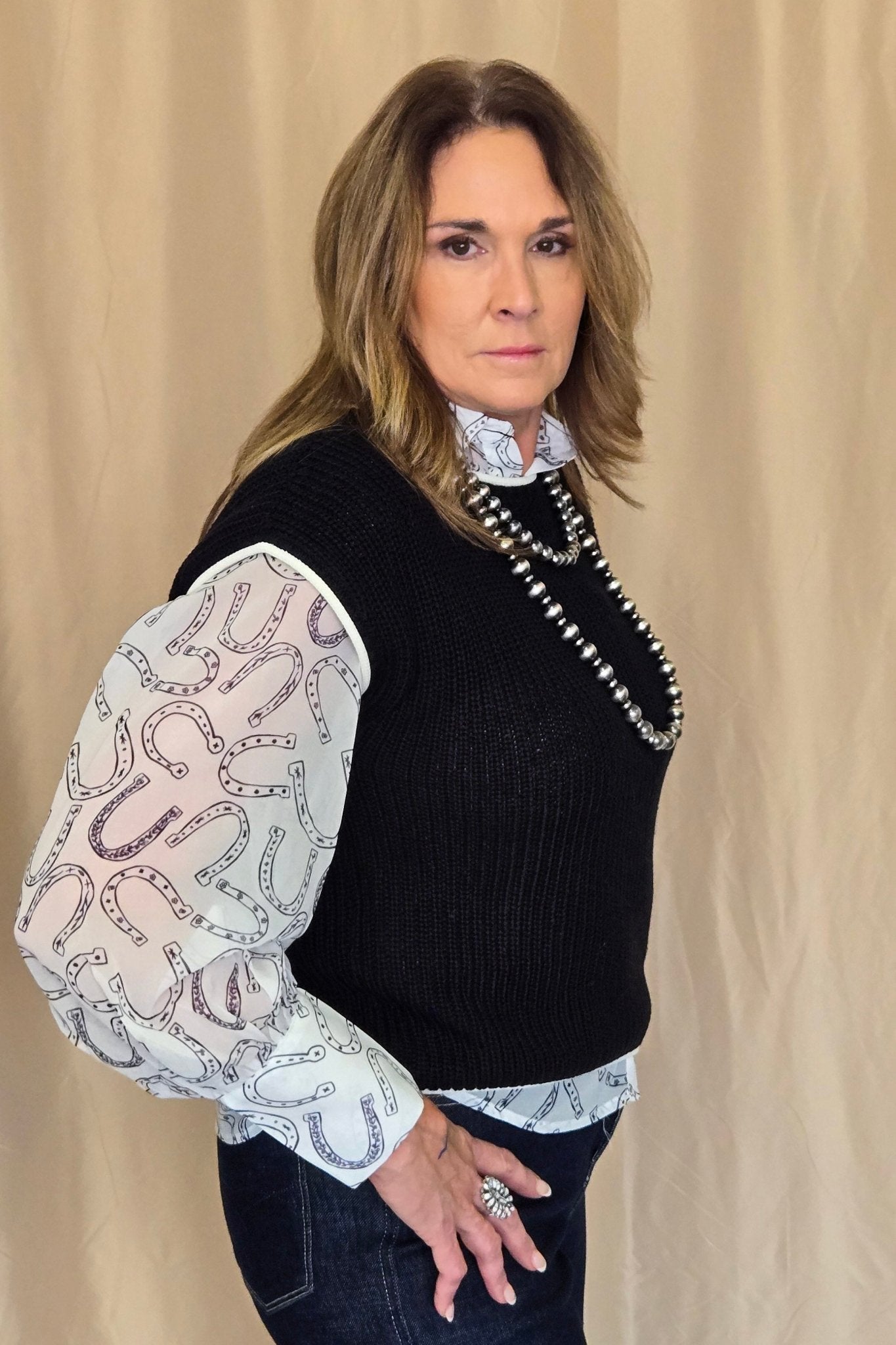 Turquoise Haven Sheer Chiffon Horseshoe Print Western Blouse — Black & White Lightweight Layering Top (Small and Large remaining) - Rooted & Reckless Co.