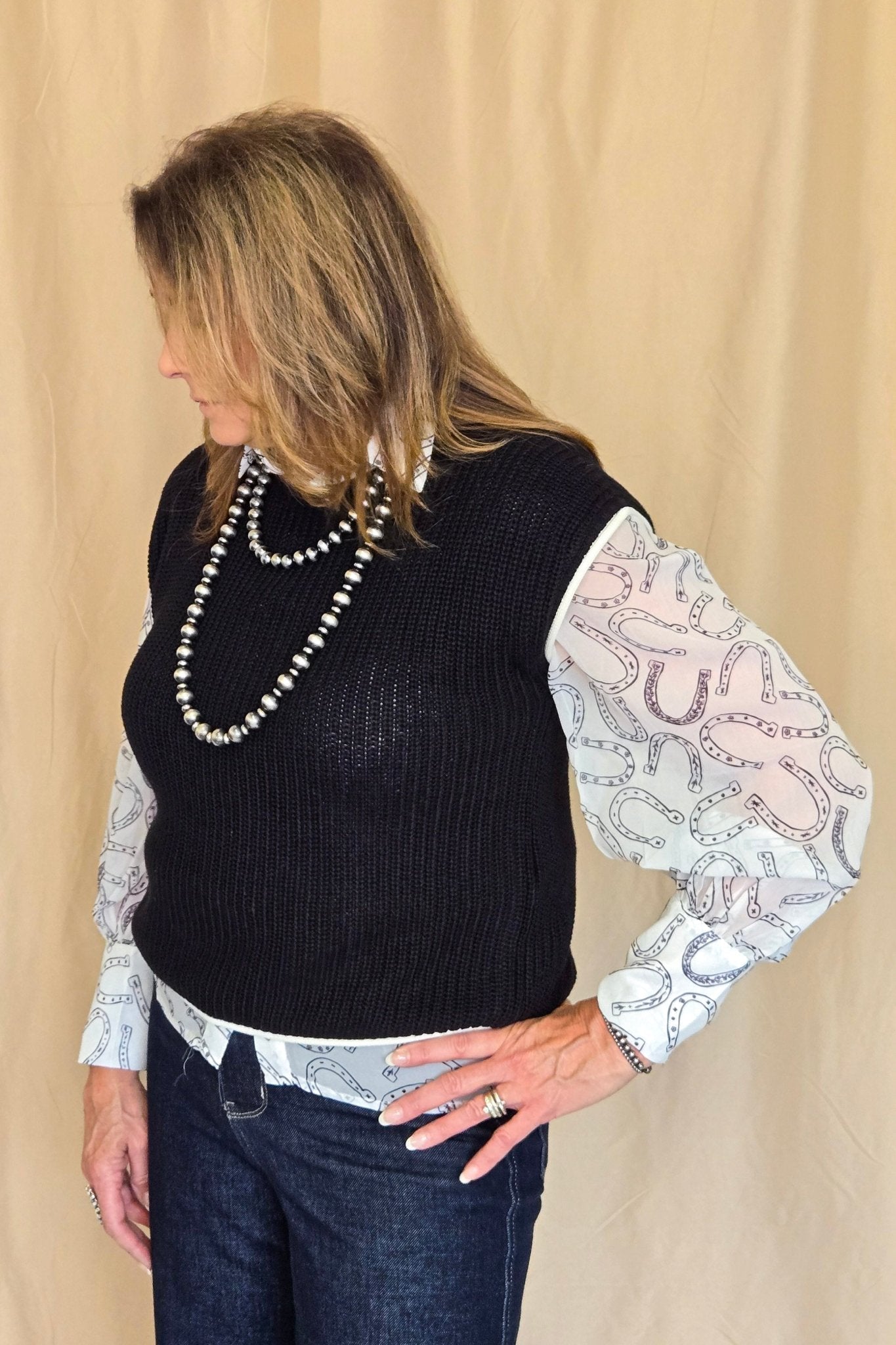 Turquoise Haven Sheer Chiffon Horseshoe Print Western Blouse — Black & White Lightweight Layering Top (Small and Large remaining) - Rooted & Reckless Co.