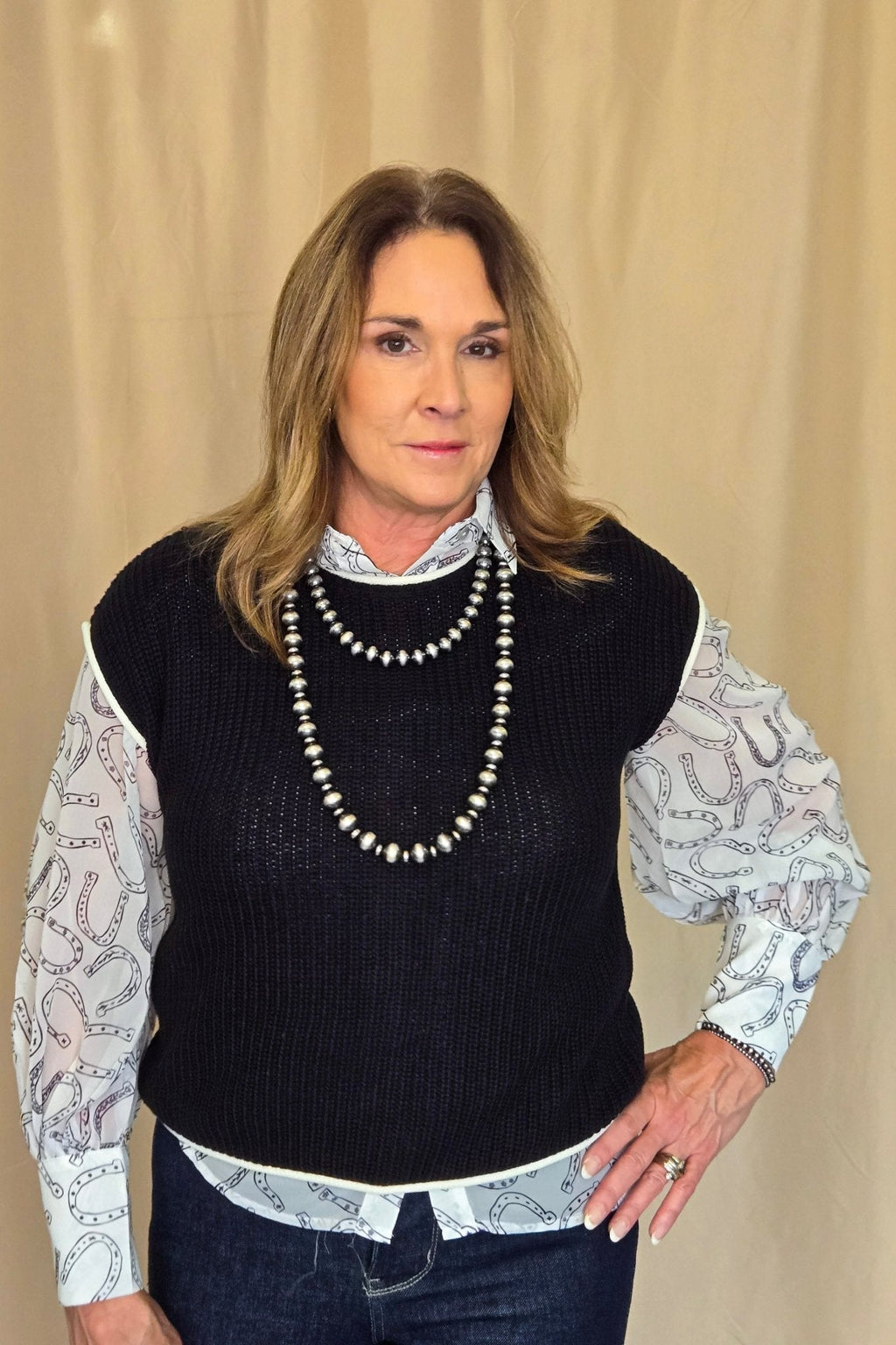 Turquoise Haven Sheer Chiffon Horseshoe Print Western Blouse — Black & White Lightweight Layering Top (Small and Large remaining) - Rooted & Reckless Co.
