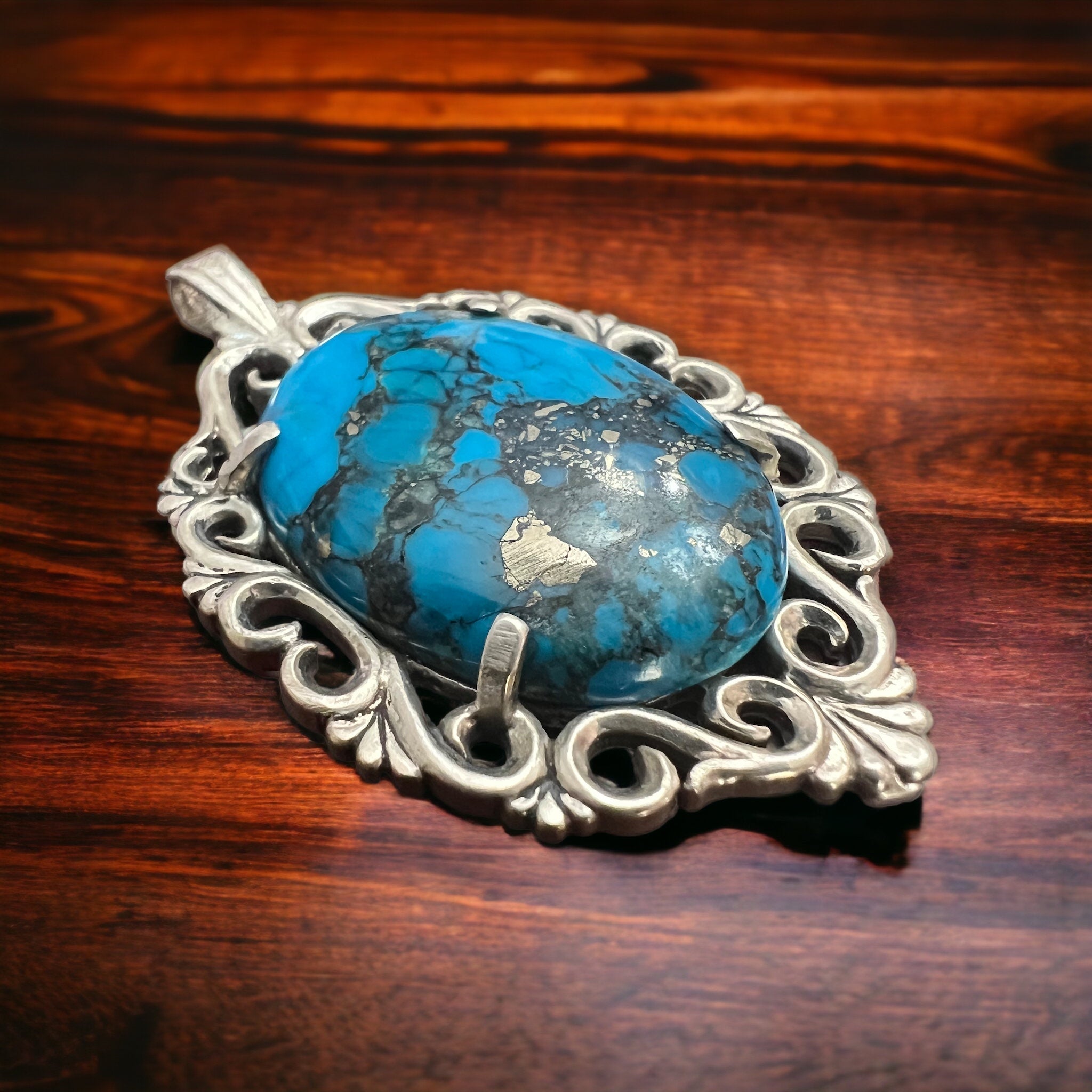 Turquoise pendant - gorgeous turquoise cabochon on cast sterling base - Rooted & Reckless Co.