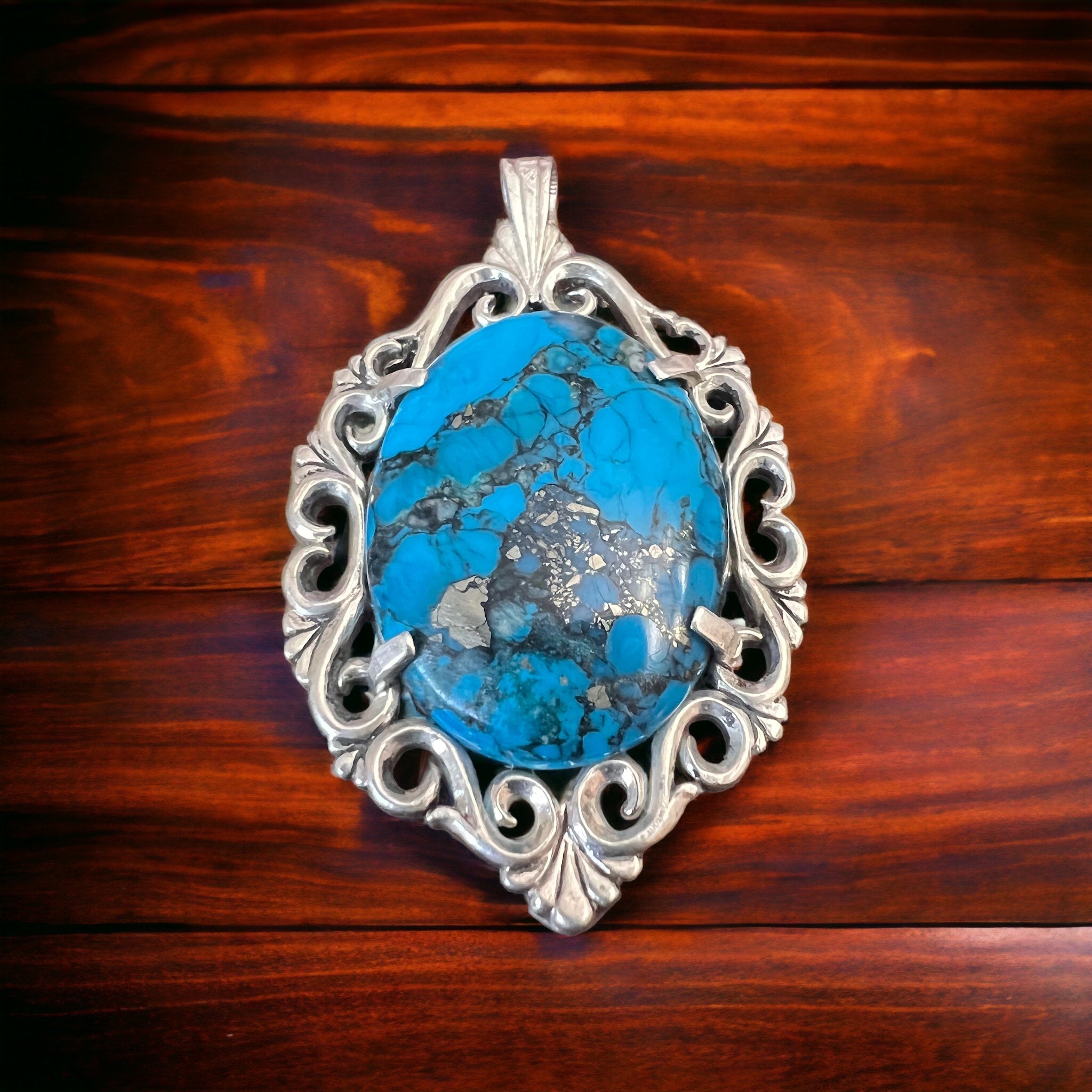 Turquoise pendant - gorgeous turquoise cabochon on cast sterling base - Rooted & Reckless Co.