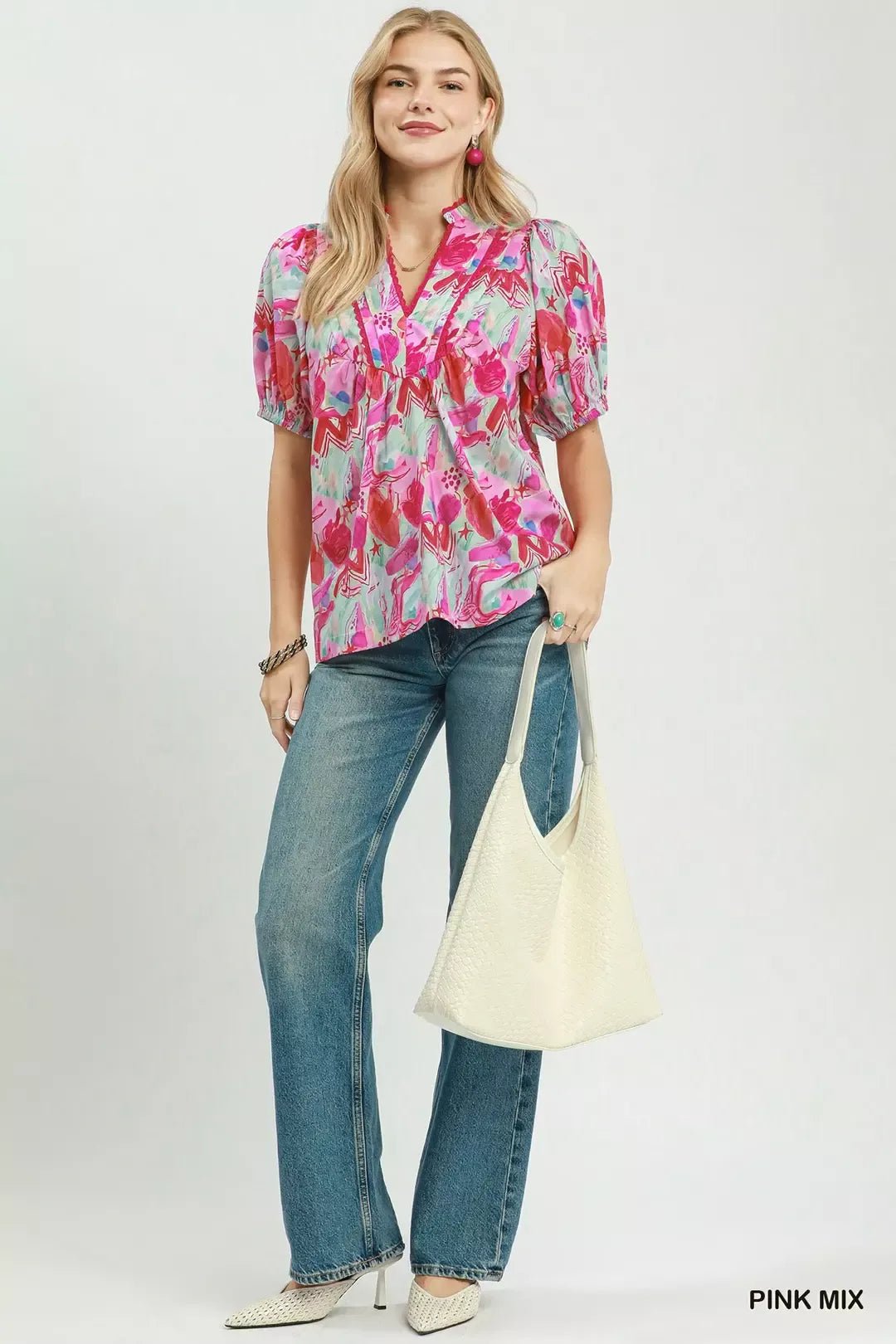 Umgee Abstract Print Puff Sleeve Top - Rooted & Reckless Co.