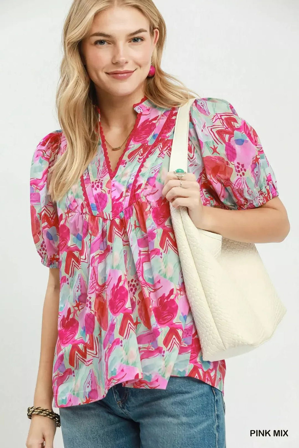 Umgee Abstract Print Puff Sleeve Top - Rooted & Reckless Co.