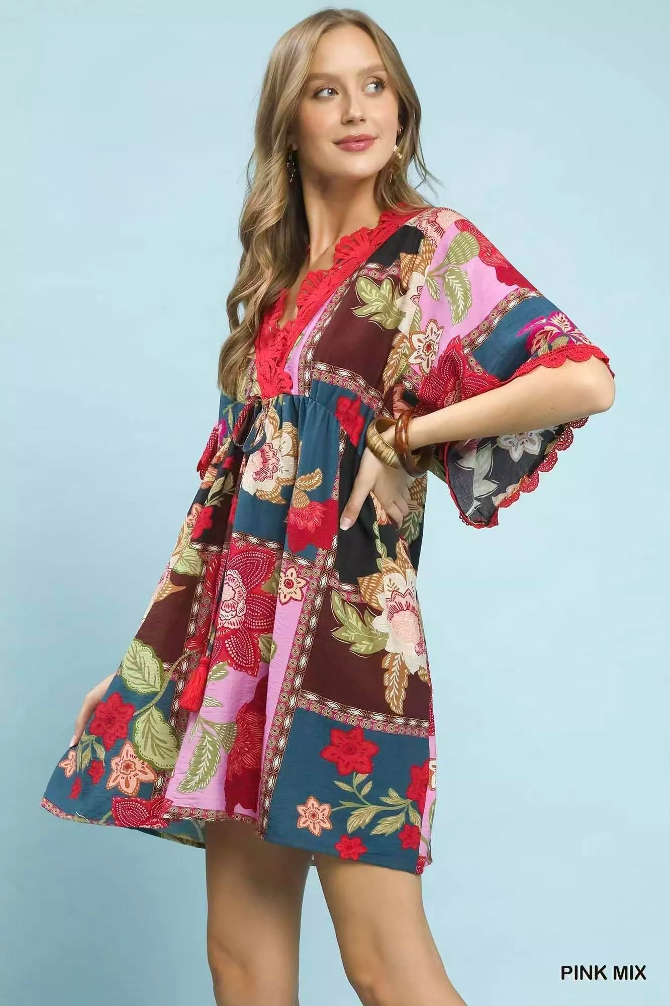 Umgee Abstract Print V-Neck Mini Dress - Rooted & Reckless Co.