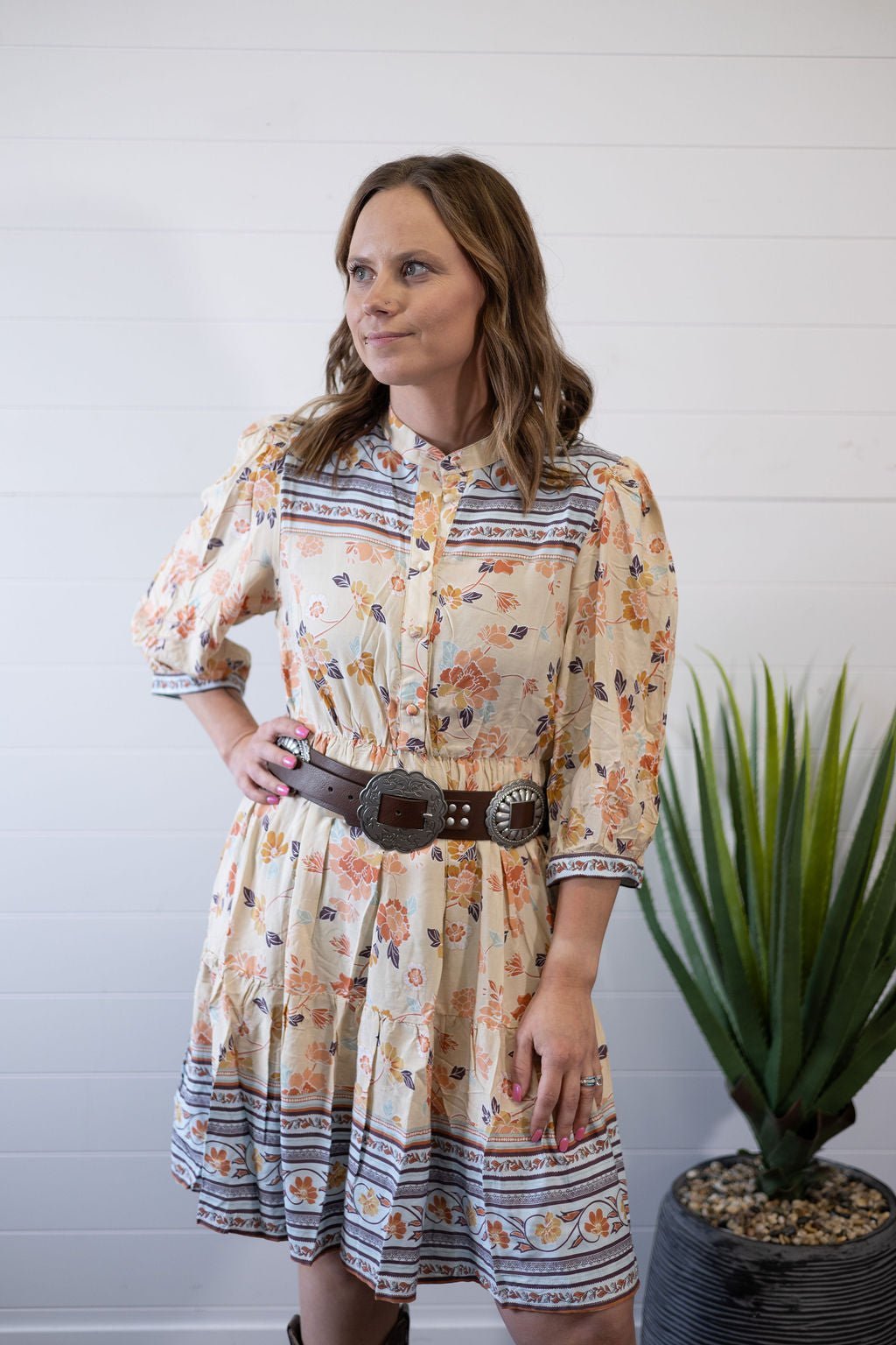 Umgee "Boho" A-Line Western Dress — Prairie Floral Print with 3/4 Balloon Sleeves & Button Placket - Rooted & Reckless Co.