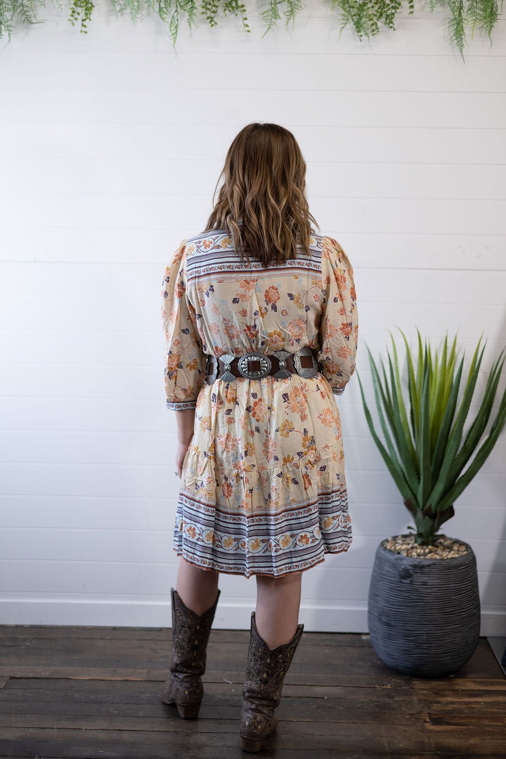 Umgee "Boho" A-Line Western Dress — Prairie Floral Print with 3/4 Balloon Sleeves & Button Placket - Rooted & Reckless Co.