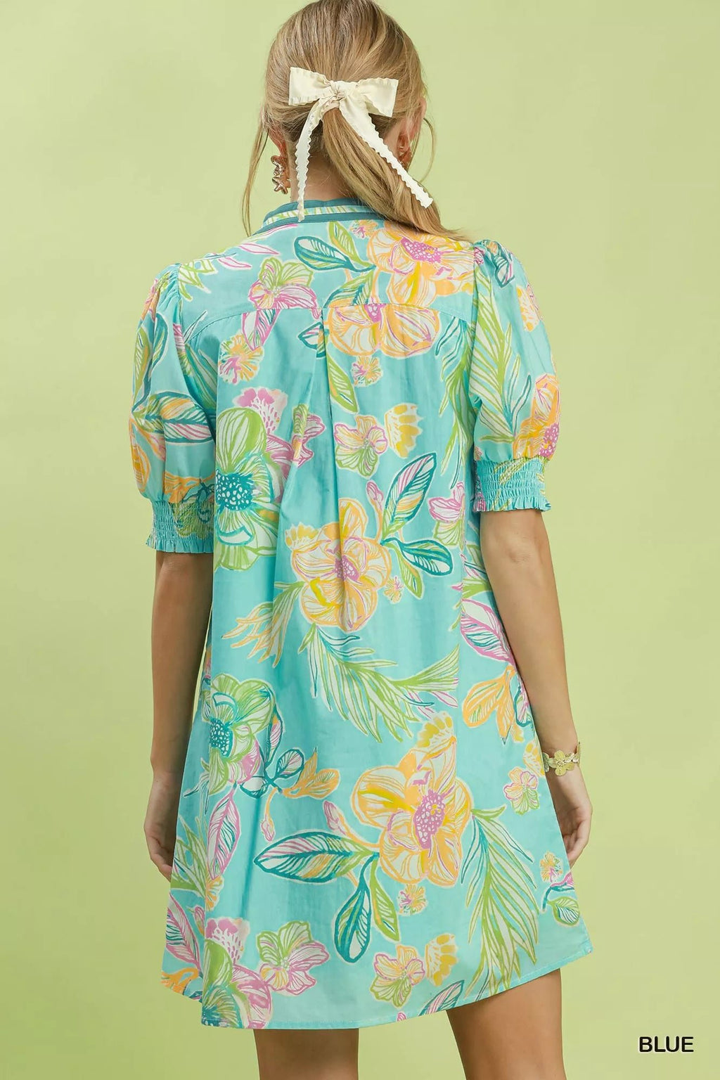 Umgee Botanical Print Dress with Smocked Cuffs - Rooted & Reckless Co.