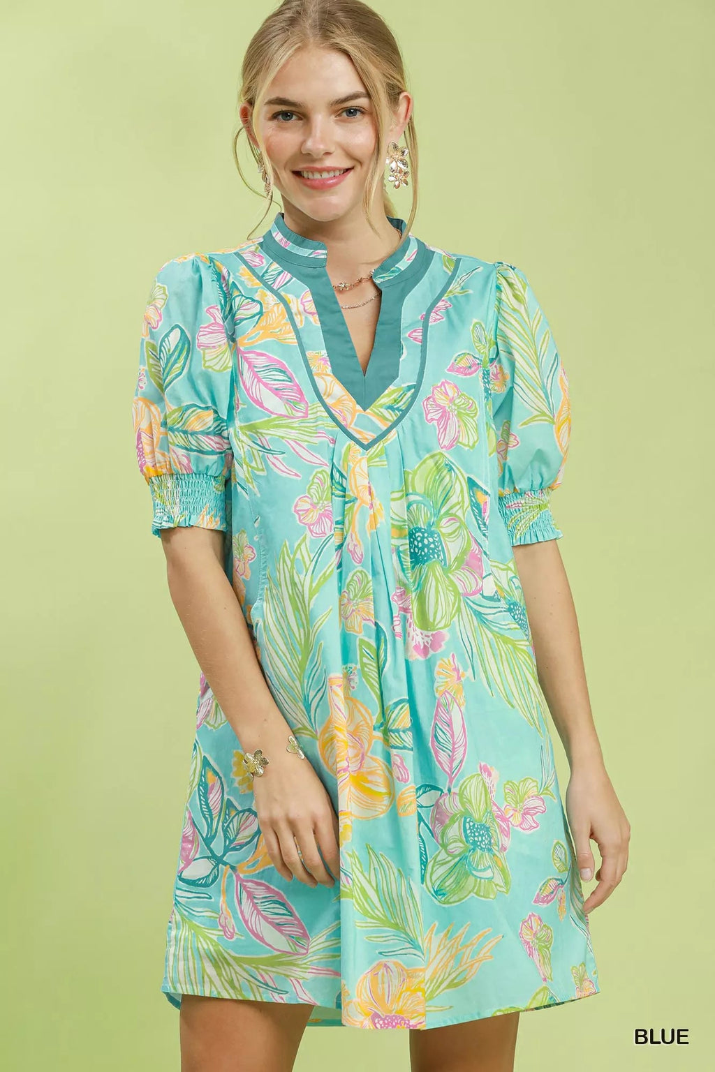 Umgee Botanical Print Dress with Smocked Cuffs - Rooted & Reckless Co.