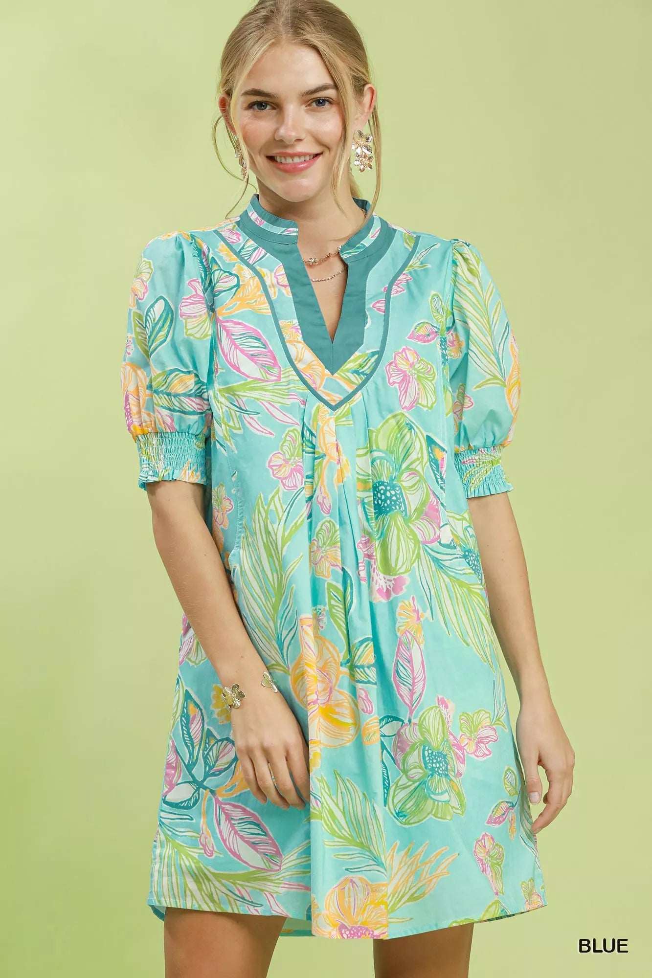 Umgee Botanical Print Dress with Smocked Cuffs - Rooted & Reckless Co.