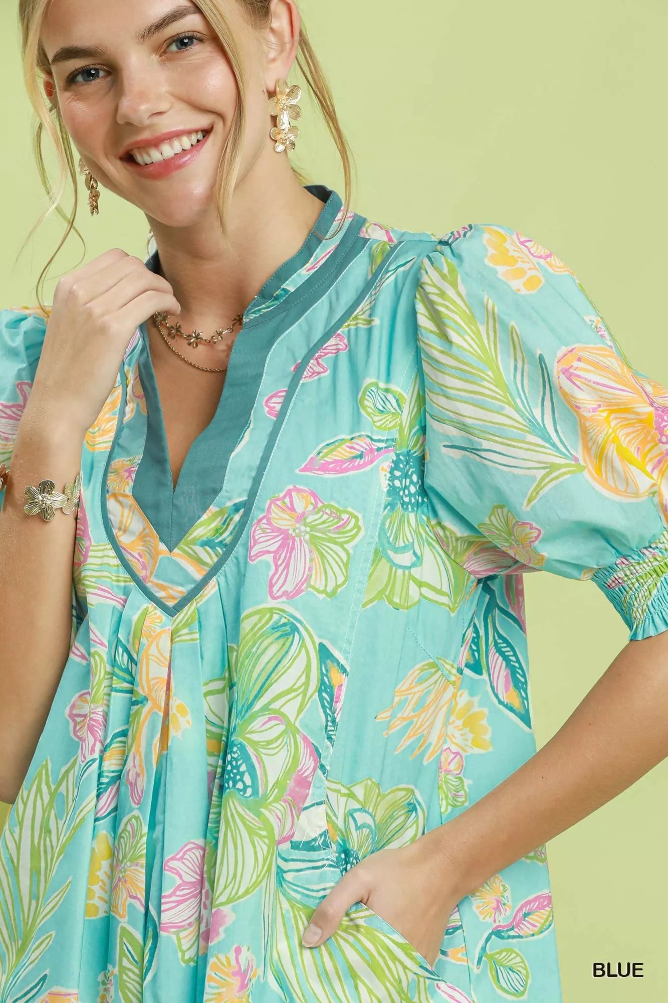 Umgee Botanical Print Dress with Smocked Cuffs - Rooted & Reckless Co.