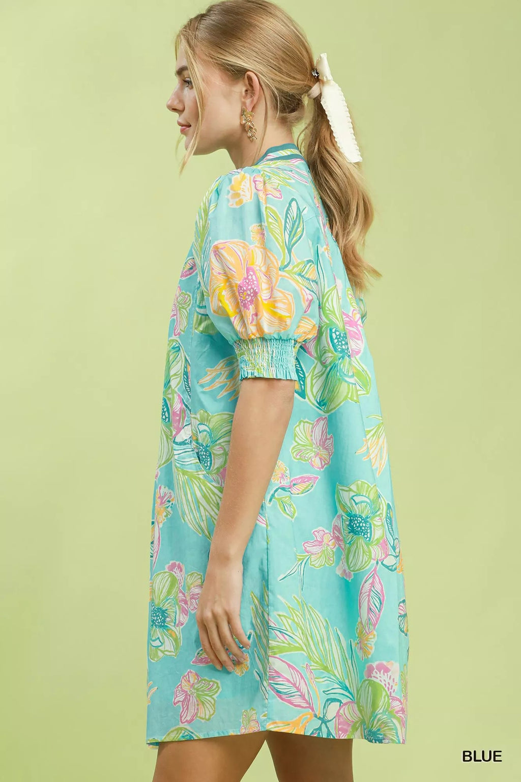 Umgee Botanical Print Dress with Smocked Cuffs - Rooted & Reckless Co.