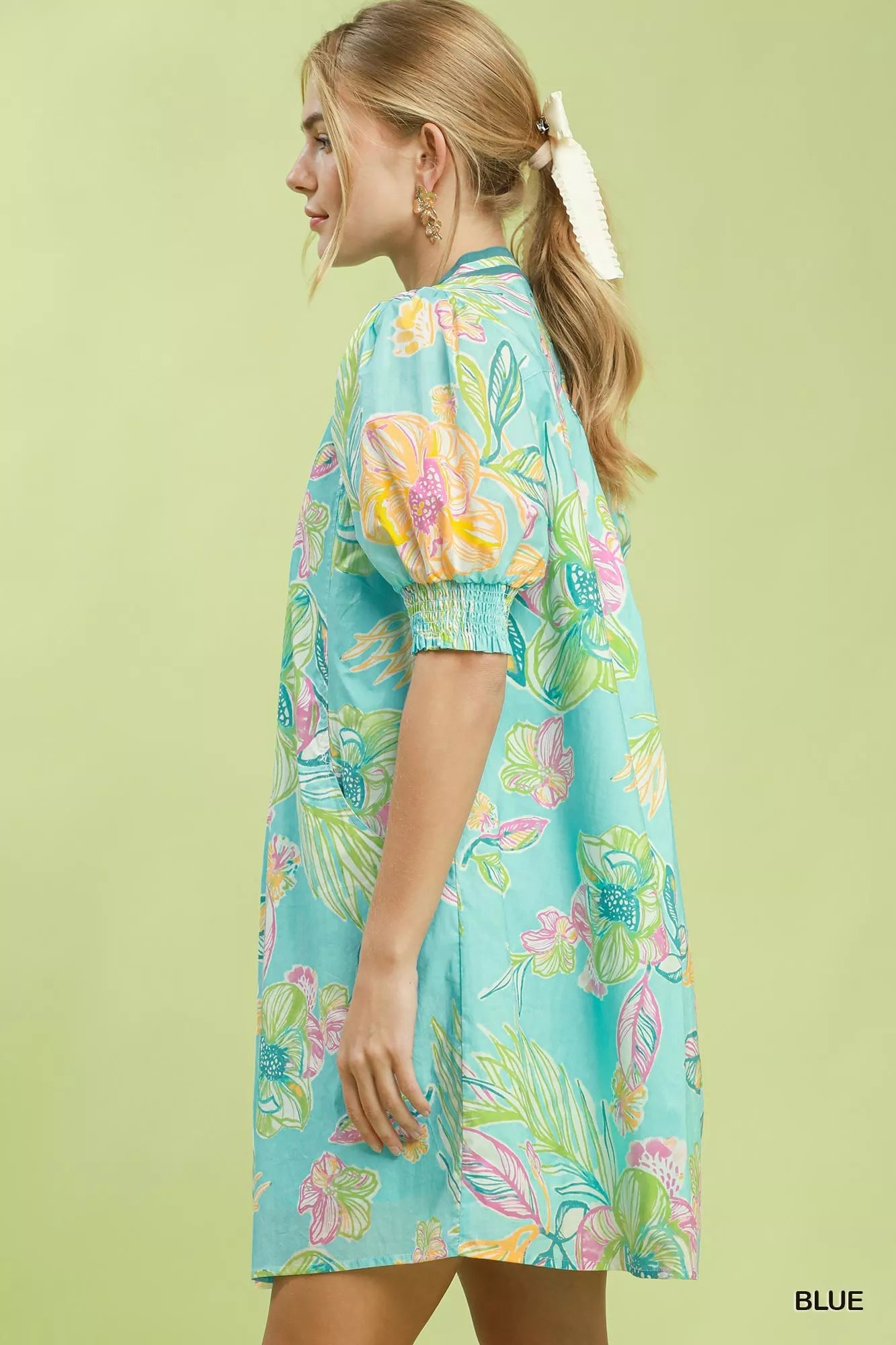 Umgee Botanical Print Dress with Smocked Cuffs - Rooted & Reckless Co.