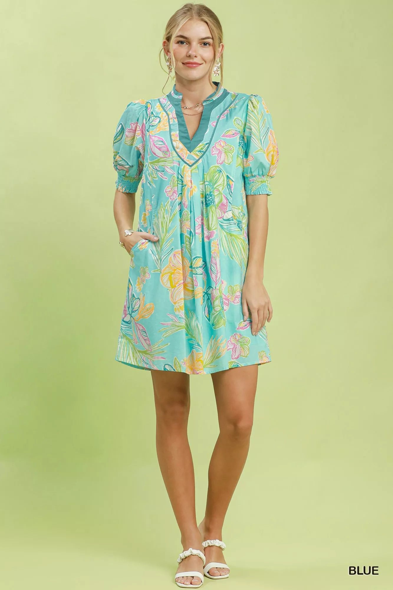 Umgee Botanical Print Dress with Smocked Cuffs - Rooted & Reckless Co.