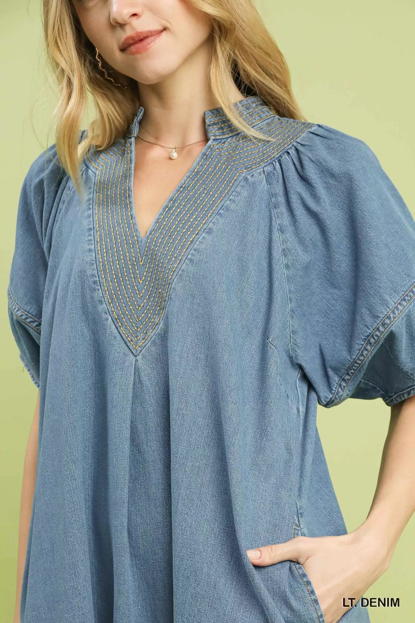 Umgee Denim Mini Dress with Contrast Thread - Rooted & Reckless Co.