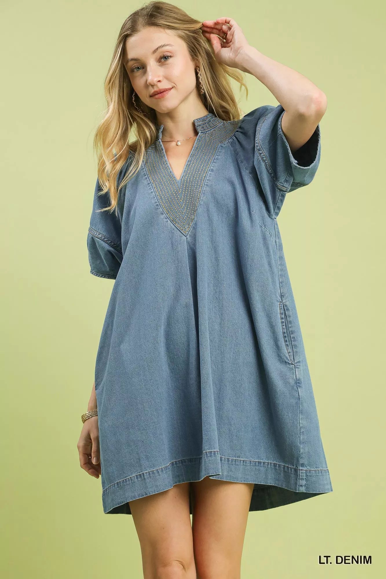 Umgee Denim Mini Dress with Contrast Thread - Rooted & Reckless Co.