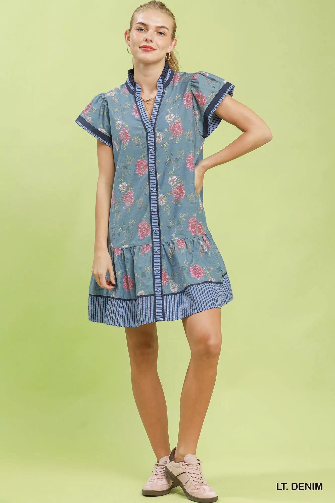 Umgee Floral Contrast Trim Ruffle Hem Mini Dress - Rooted & Reckless Co.