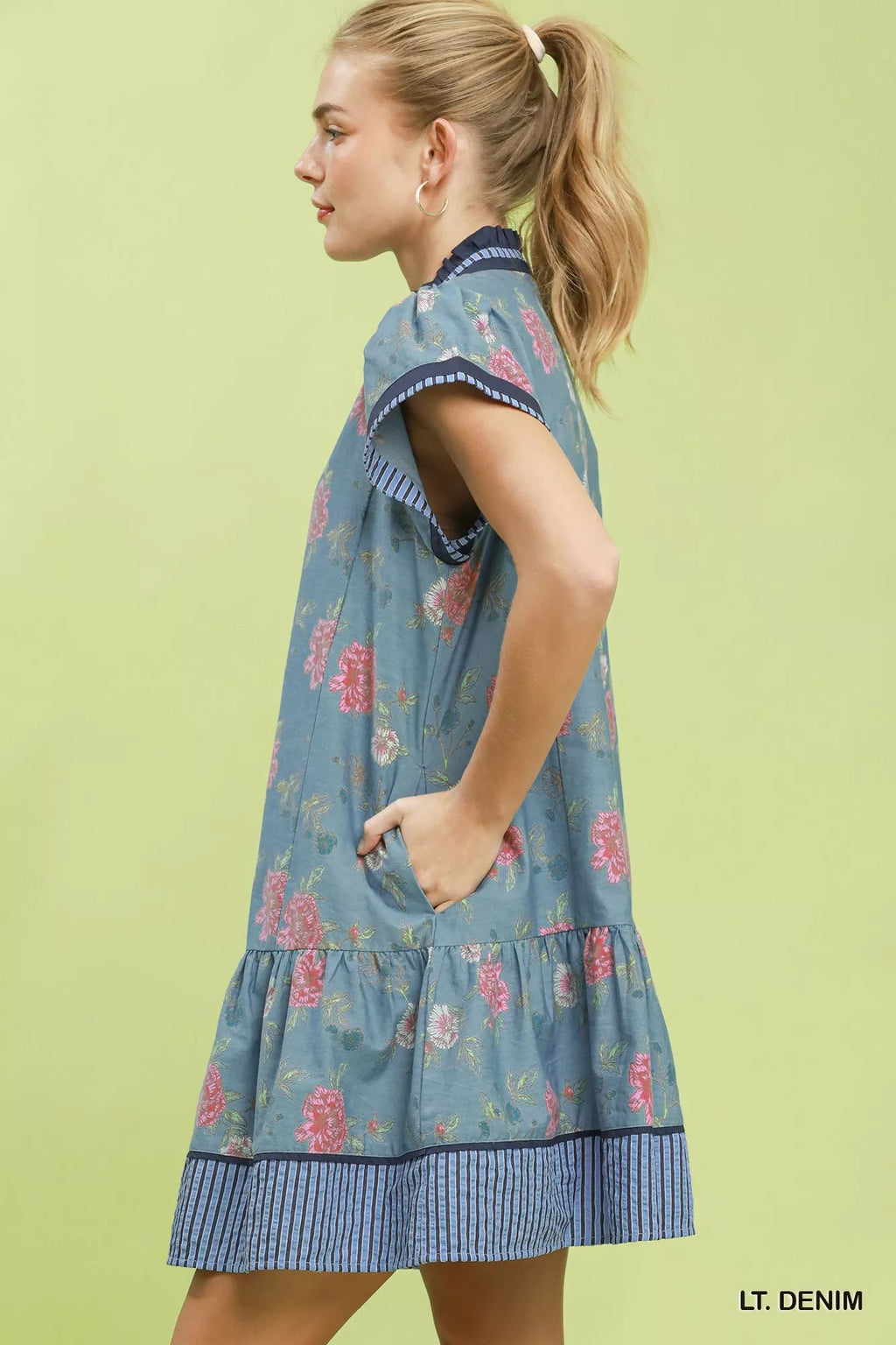 Umgee Floral Contrast Trim Ruffle Hem Mini Dress - Rooted & Reckless Co.