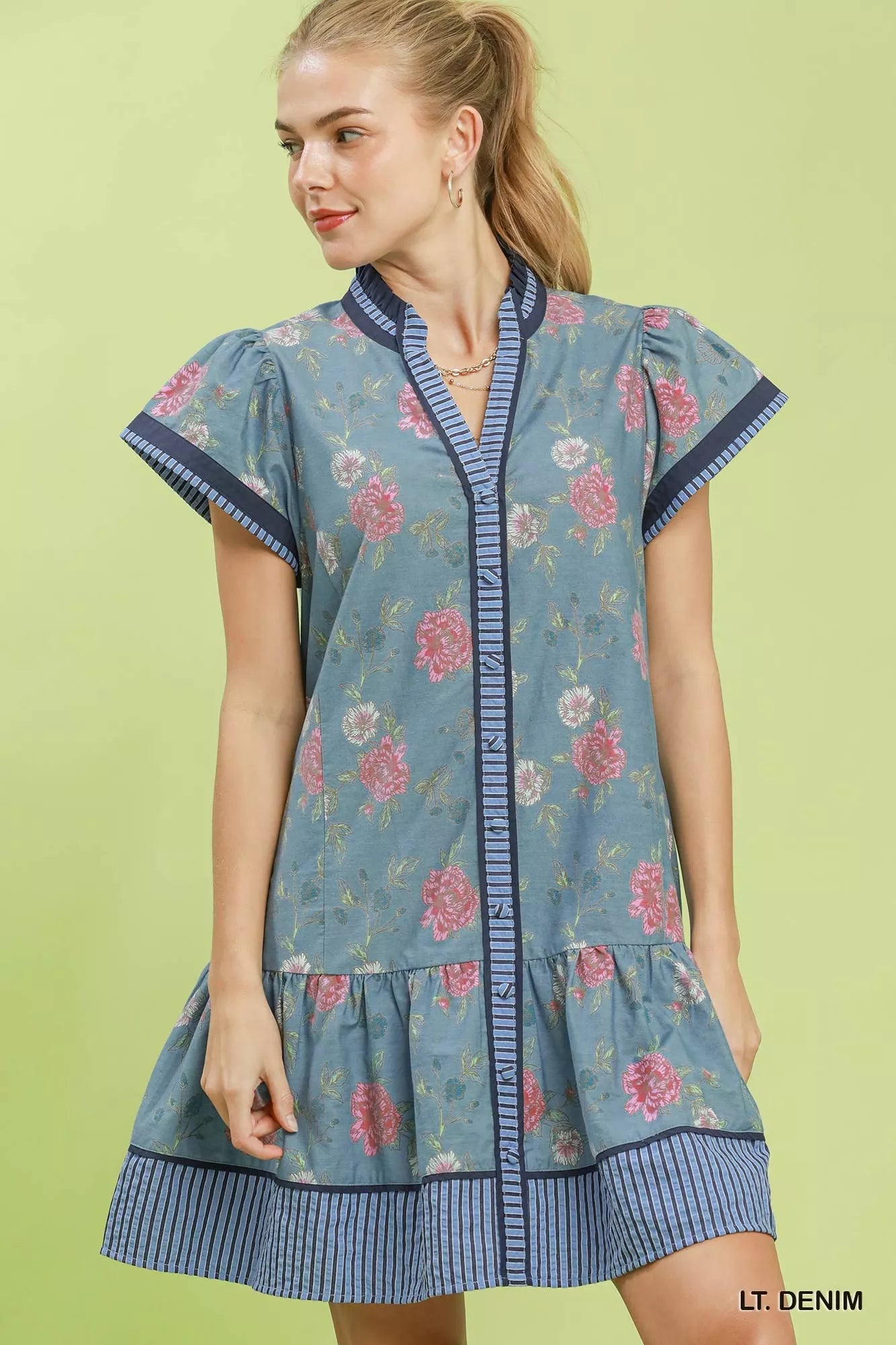 Umgee Floral Contrast Trim Ruffle Hem Mini Dress - Rooted & Reckless Co.