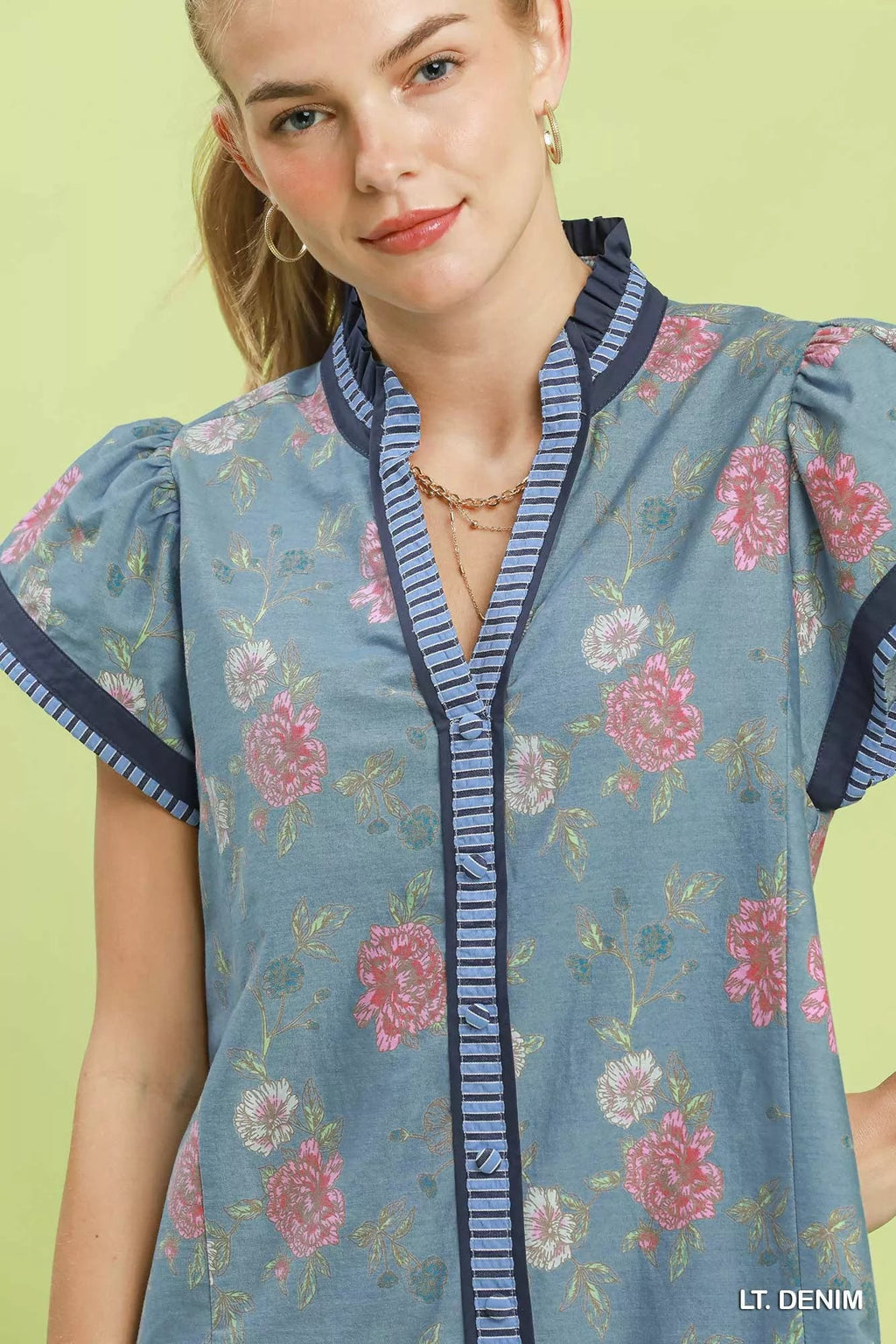 Umgee Floral Contrast Trim Ruffle Hem Mini Dress - Rooted & Reckless Co.