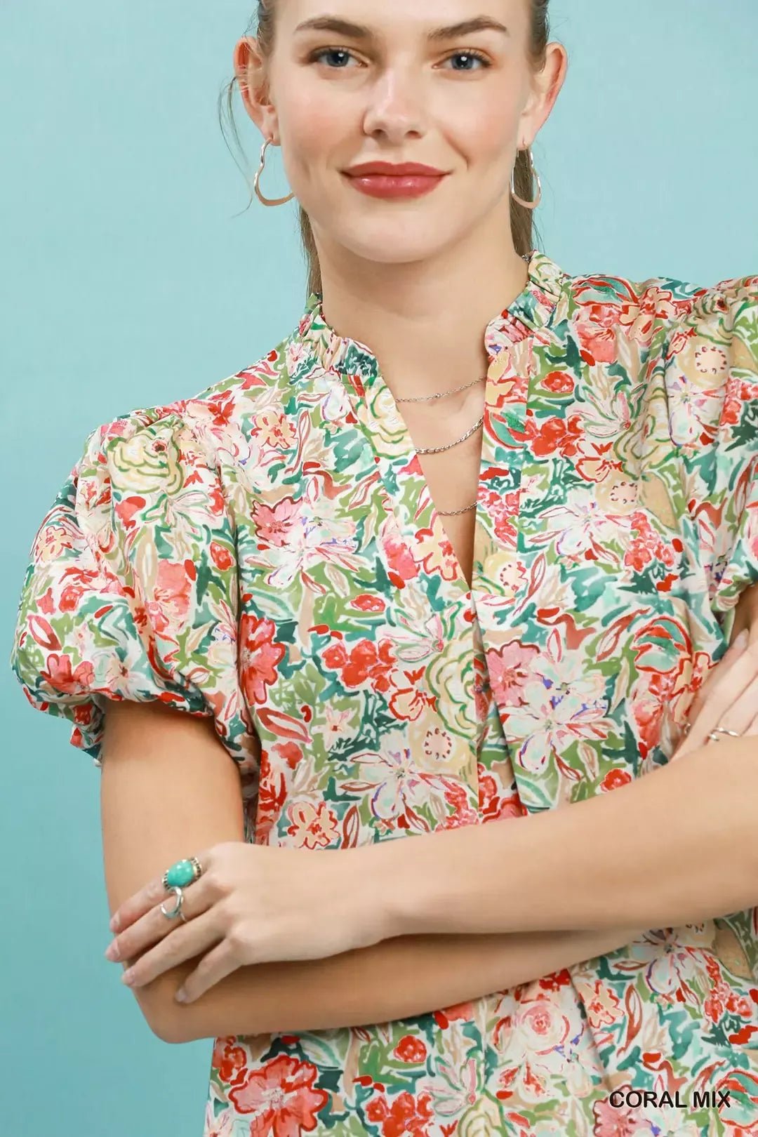 Umgee Floral Puff Sleeve Blouse - Rooted & Reckless Co.