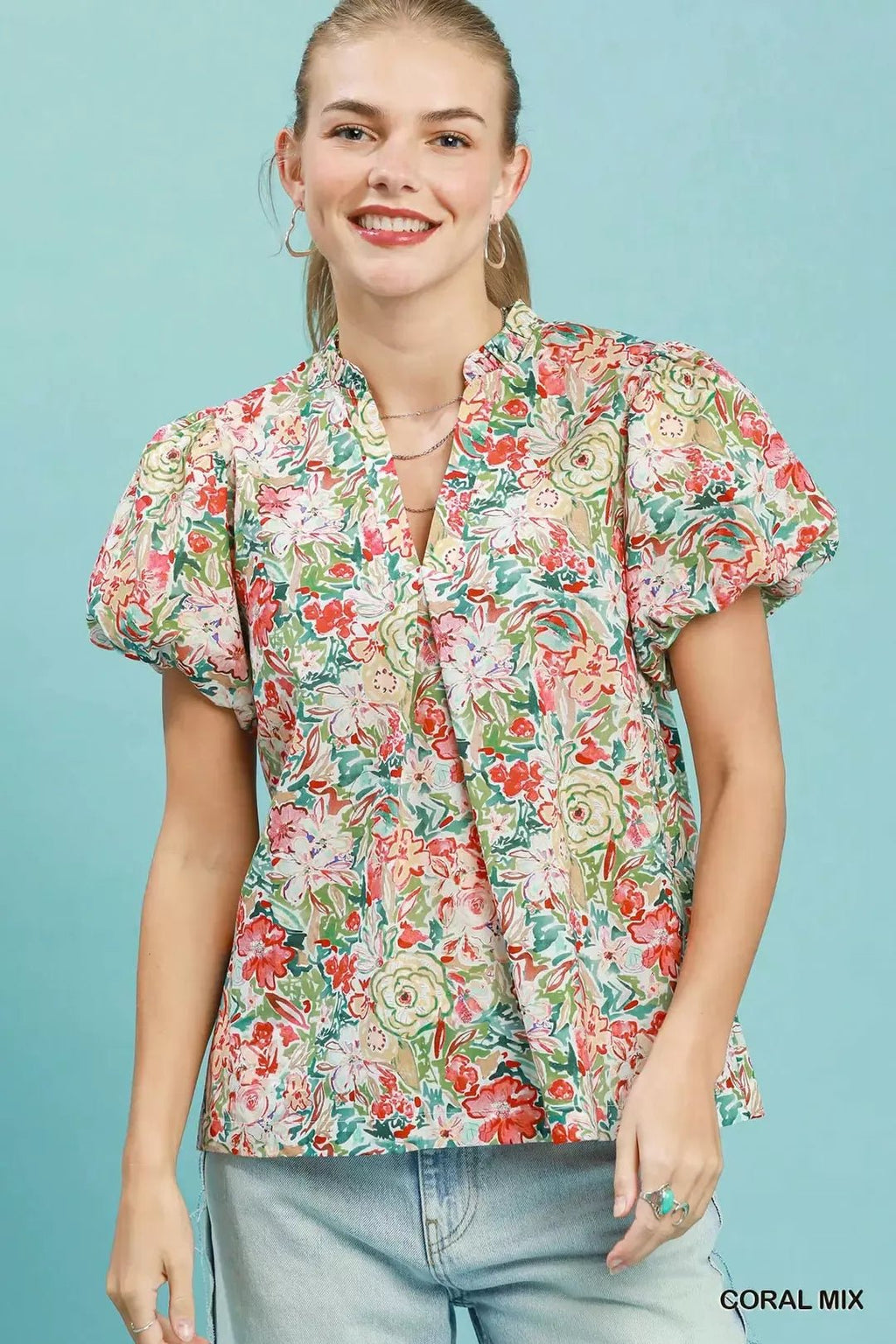 Umgee Floral Puff Sleeve Blouse - Rooted & Reckless Co.