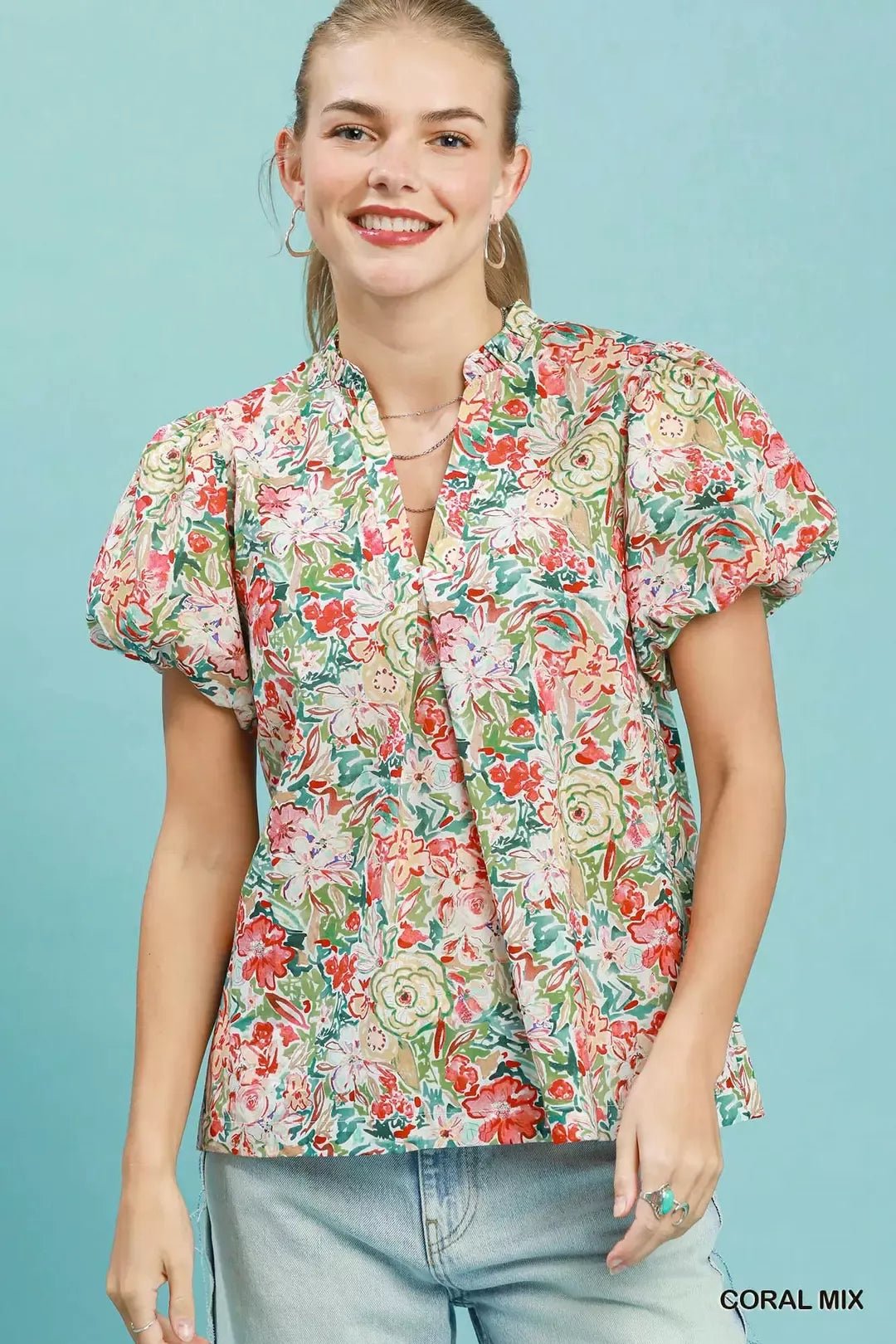 Umgee Floral Puff Sleeve Blouse - Rooted & Reckless Co.
