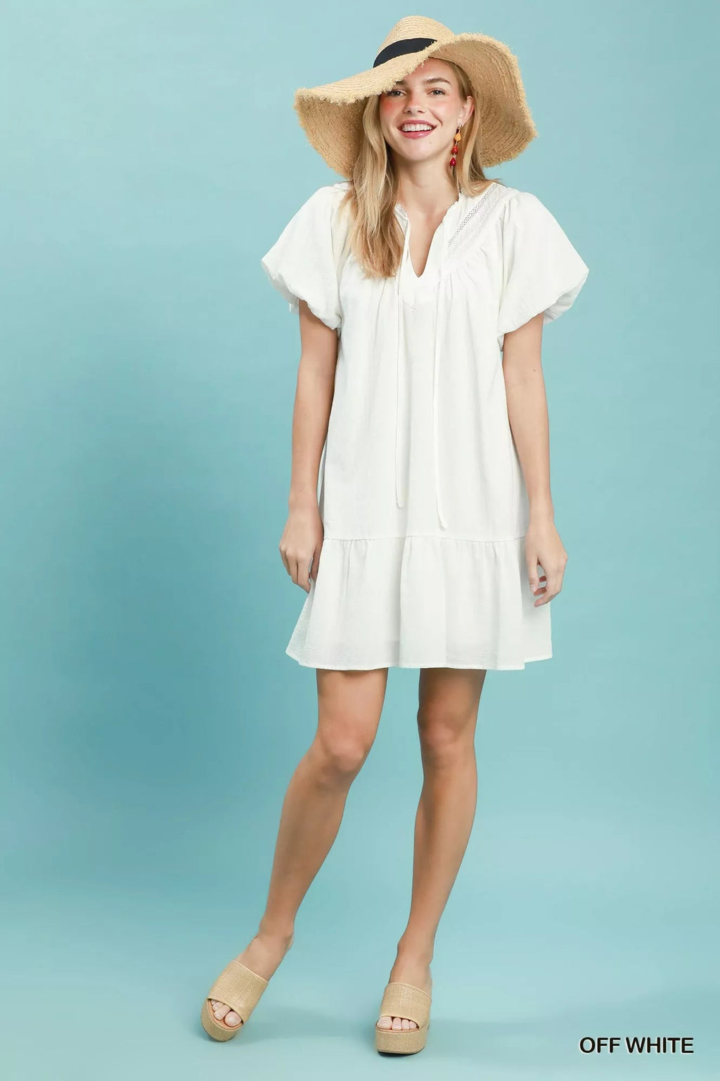 Umgee Flutter Sleeve Tassel Tie Ruffle Hem Mini Dress - Rooted & Reckless Co.
