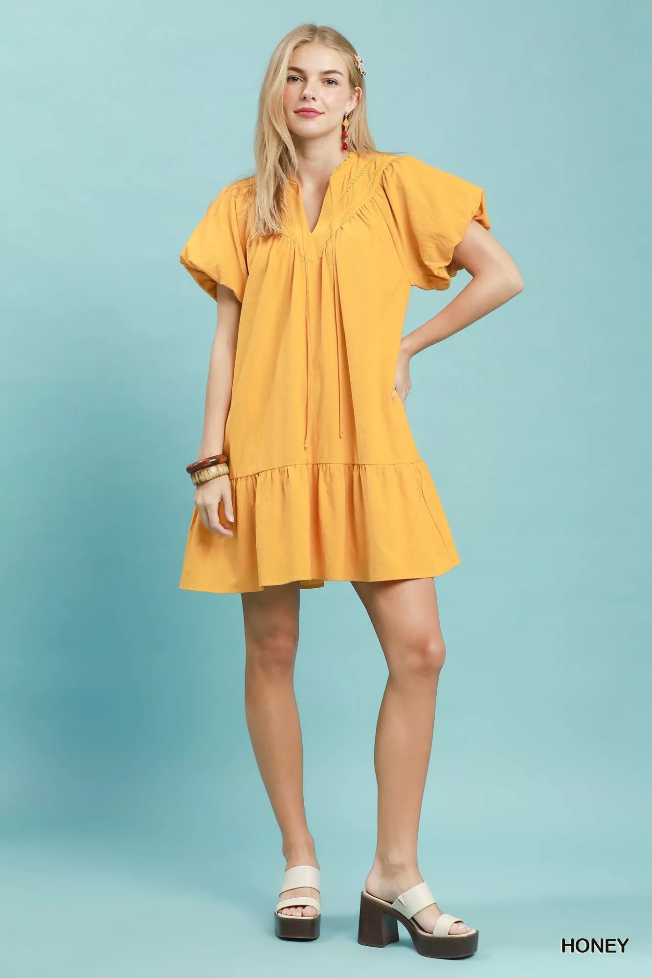 Umgee Flutter Sleeve Tassel Tie Ruffle Hem Mini Dress - Rooted & Reckless Co.